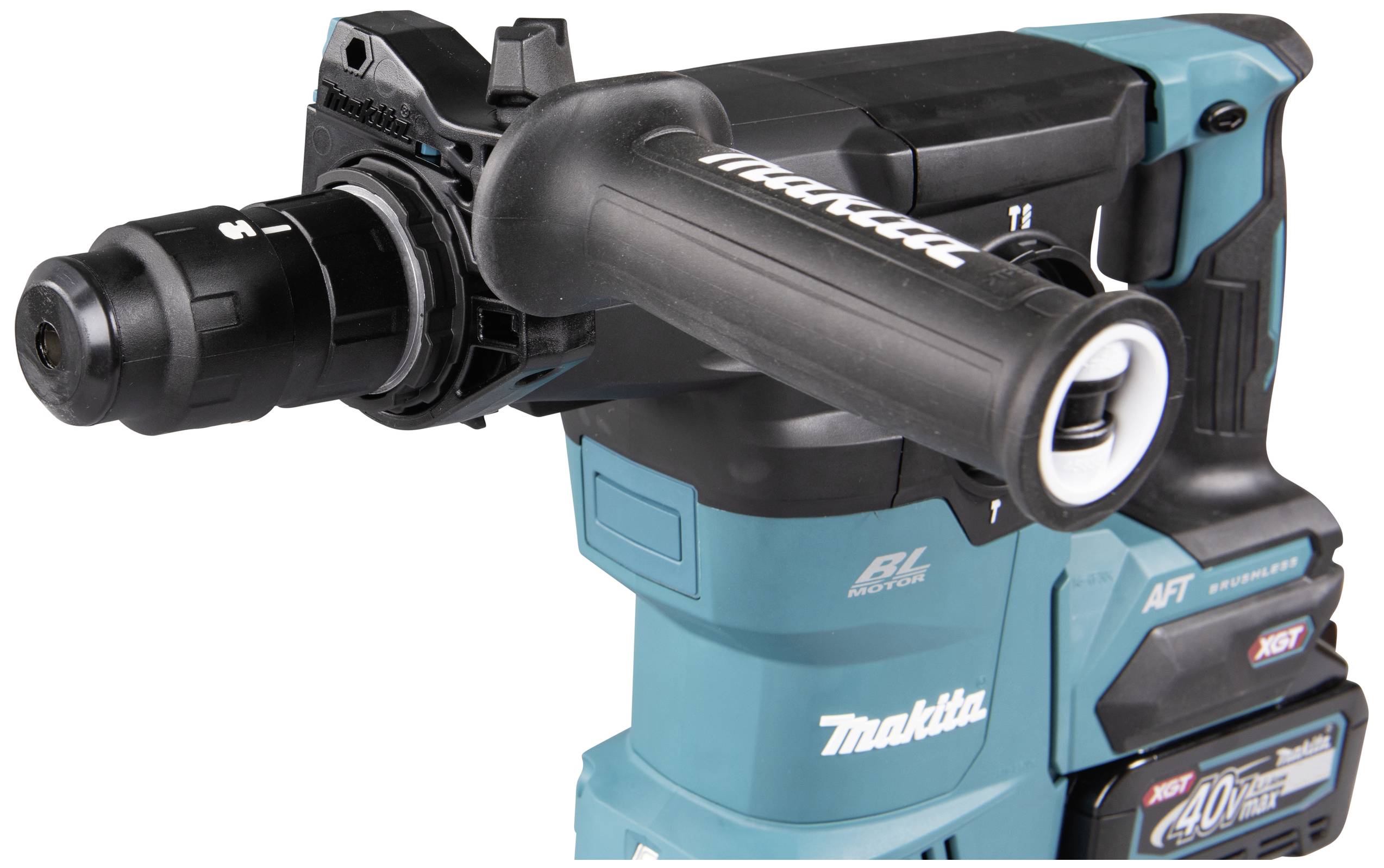 Ein blauer Bohrhammer mit einem zusätzlichen Griff für bessere Stabilität.