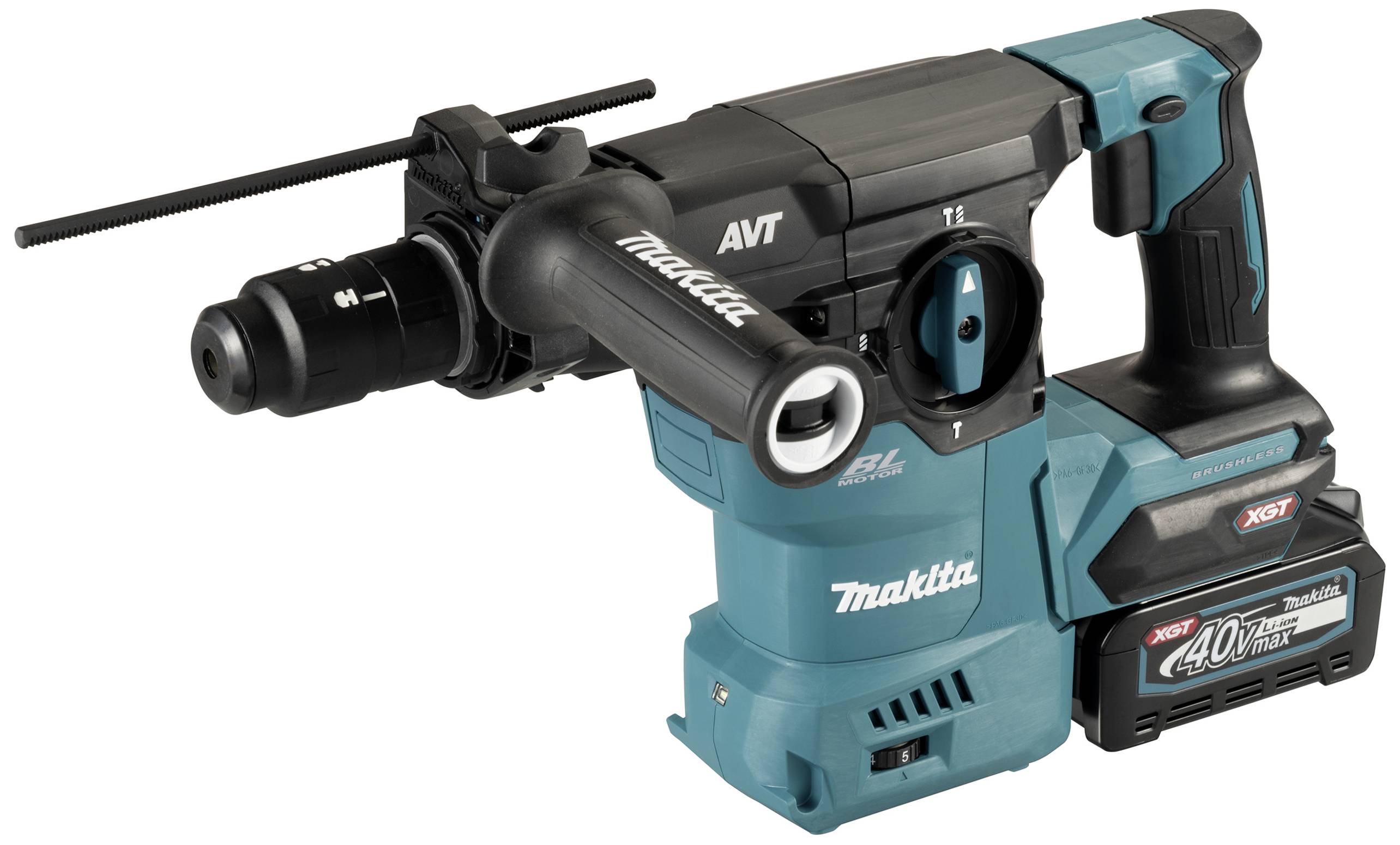 Ein blauer Makita-Akku-Bohrhammer mit Akku und Seitengriff, auf einer weißen Oberfläche präsentiert.