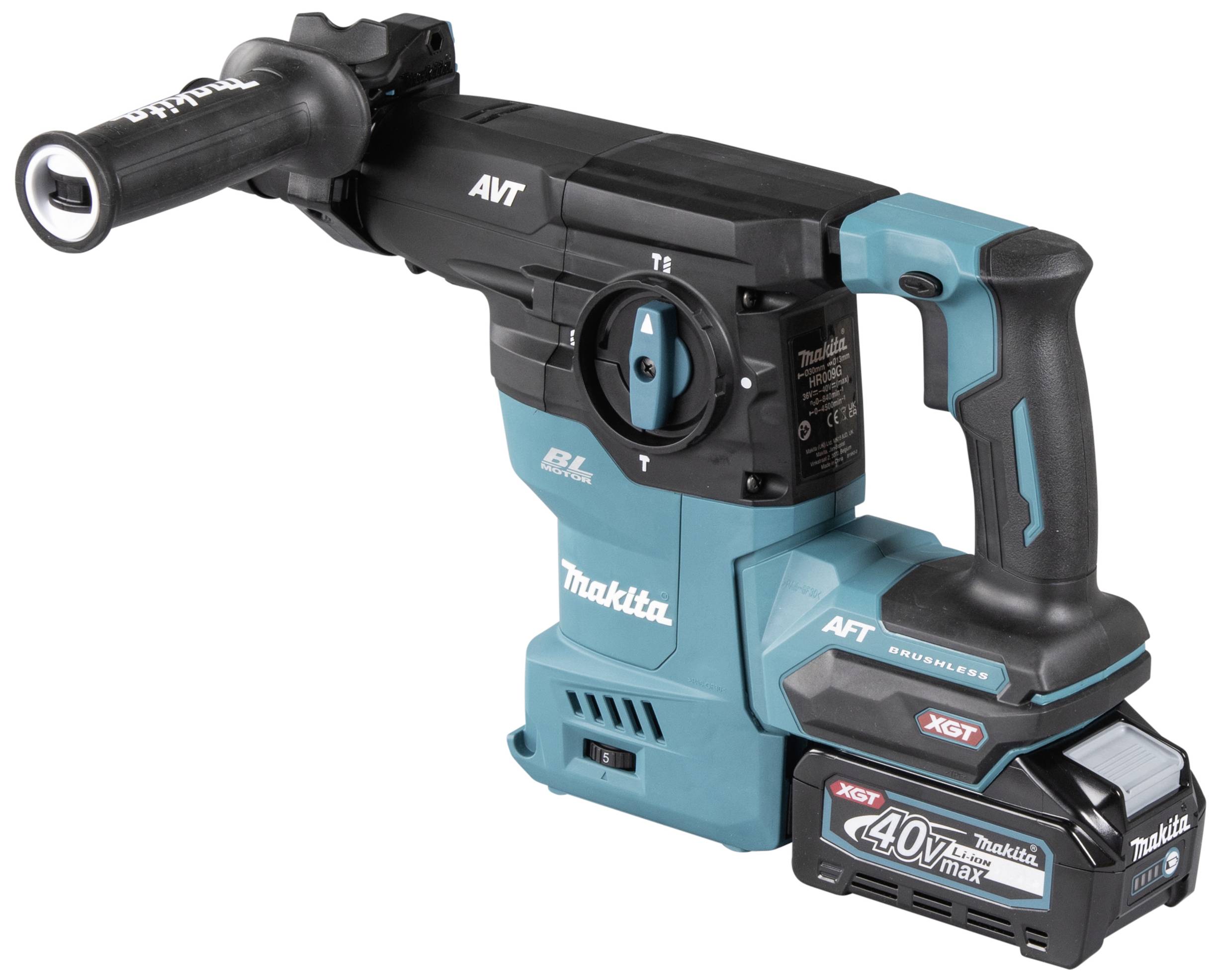 Ein kabelloser, blauer Makita Bohrhammer mit ergonomischem Griff und 40V Max Batterie. Geeignet für schwere Bauarbeiten.