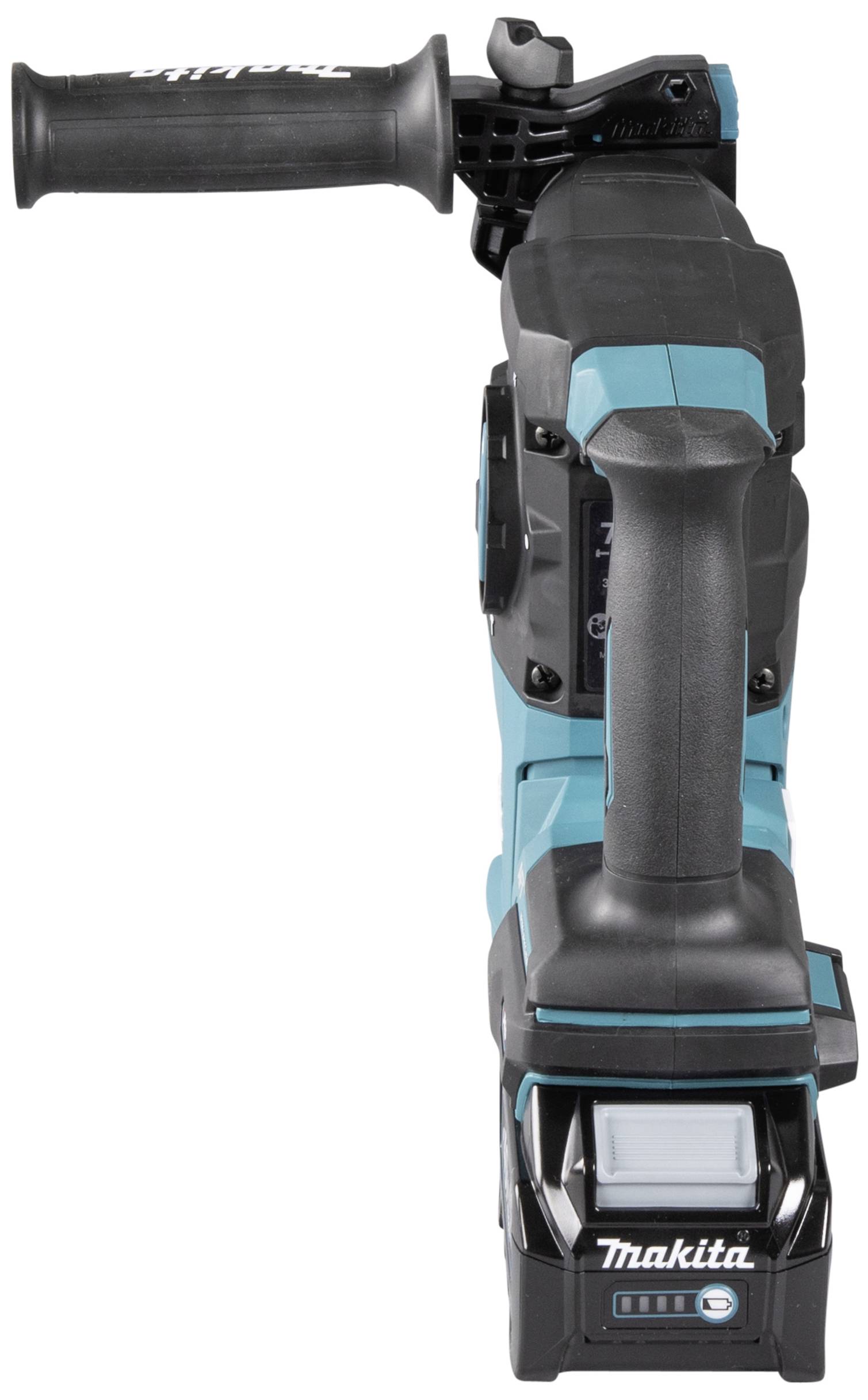 Elektrischer Handbohrer von Makita; Ansicht von oben. Er ist schwarz und blau, mit einem komfortablen Griff und eingebautem Akku.