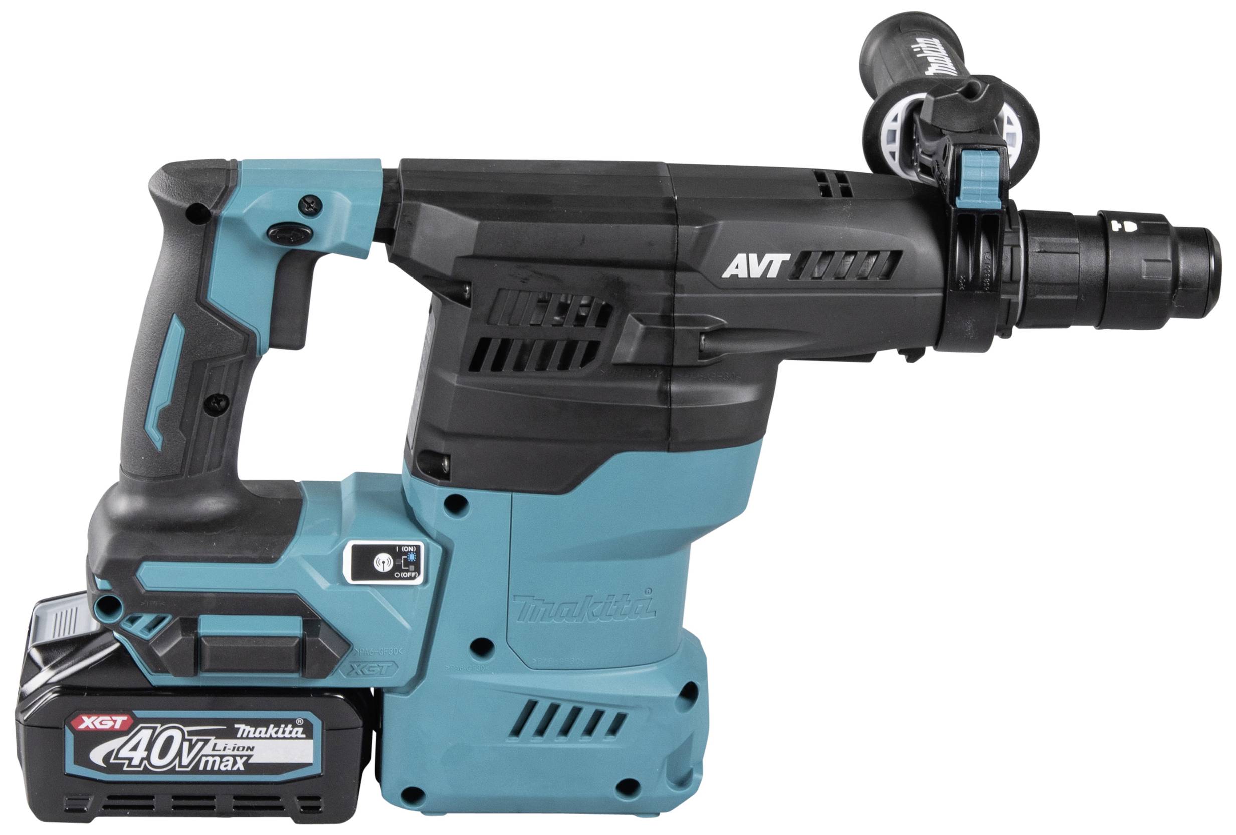 Akkubohrhammer mit blau-schwarzem Gehäuse, 40V max. Leistung. Enthält Seitengriff und ist für schwere Bauarbeiten geeignet.