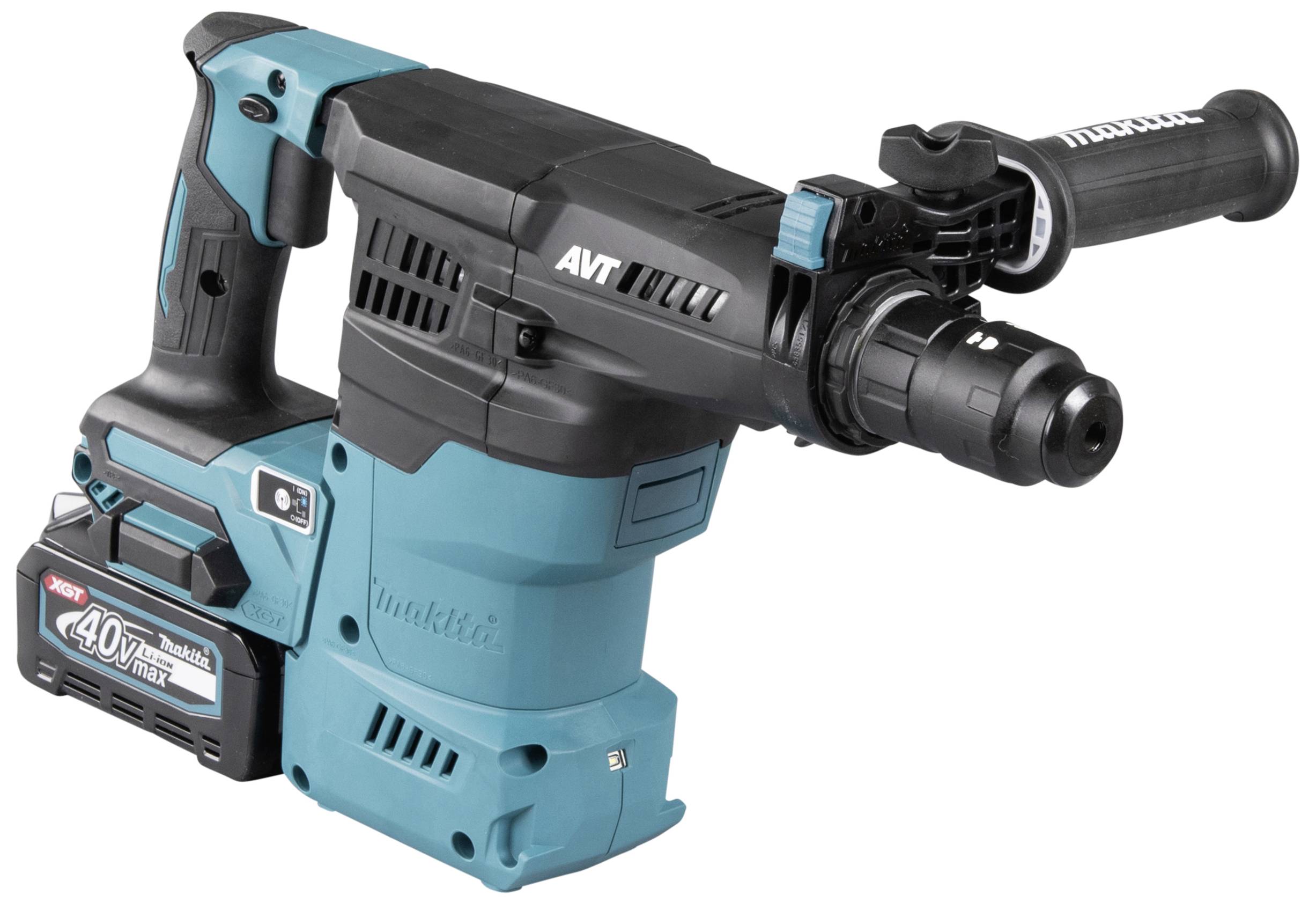 Ein blauer und schwarzer elektrischer Bohrhammer mit Akkubetrieb. Er verfügt über einen ergonomischen Griff und Modellbeschriftung an der Seite.