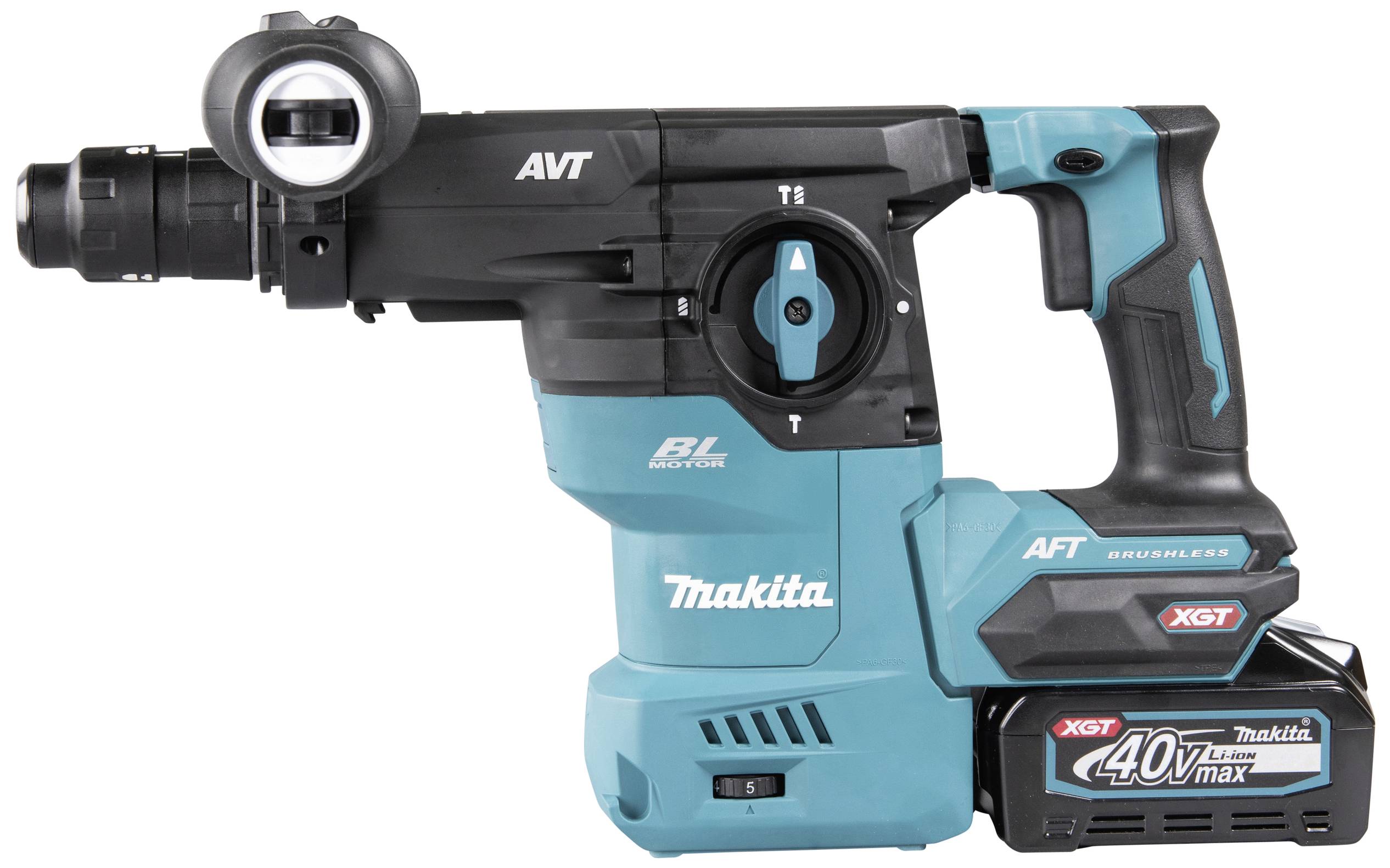 Ein blauer Makita Akkubohrhammer mit schwarzem Griff und 40V Lithium-Ionen-Akku, Produktname und Logos sind sichtbar.