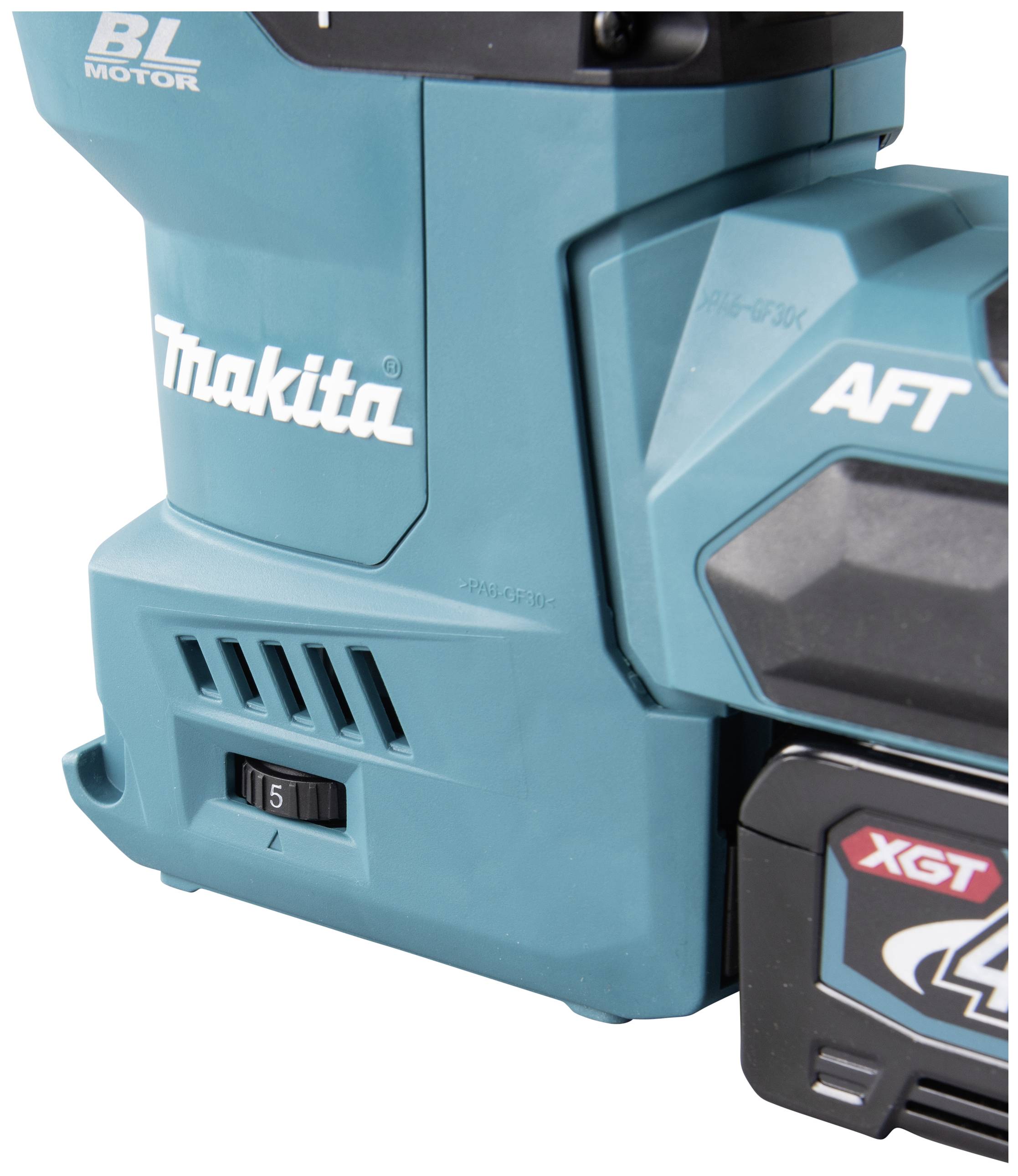 Elektrowerkzeug mit der Aufschrift 'Thakita', blauer Gehäusefarbe, und einem Schalter auf der Vorderseite.