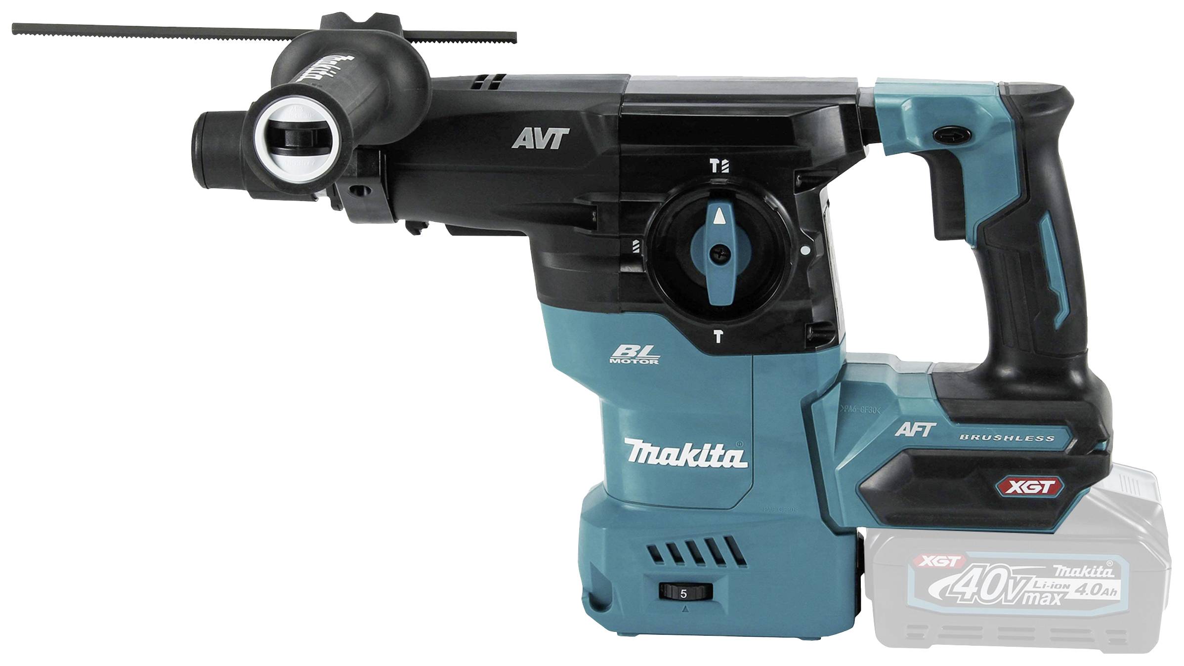 Ein blauer Makita Bohrhammer mit der Aufschrift '40V max 4.0Ah', gezeigt von der Seite, mit verschiedenen Funktionen und Knöpfen.