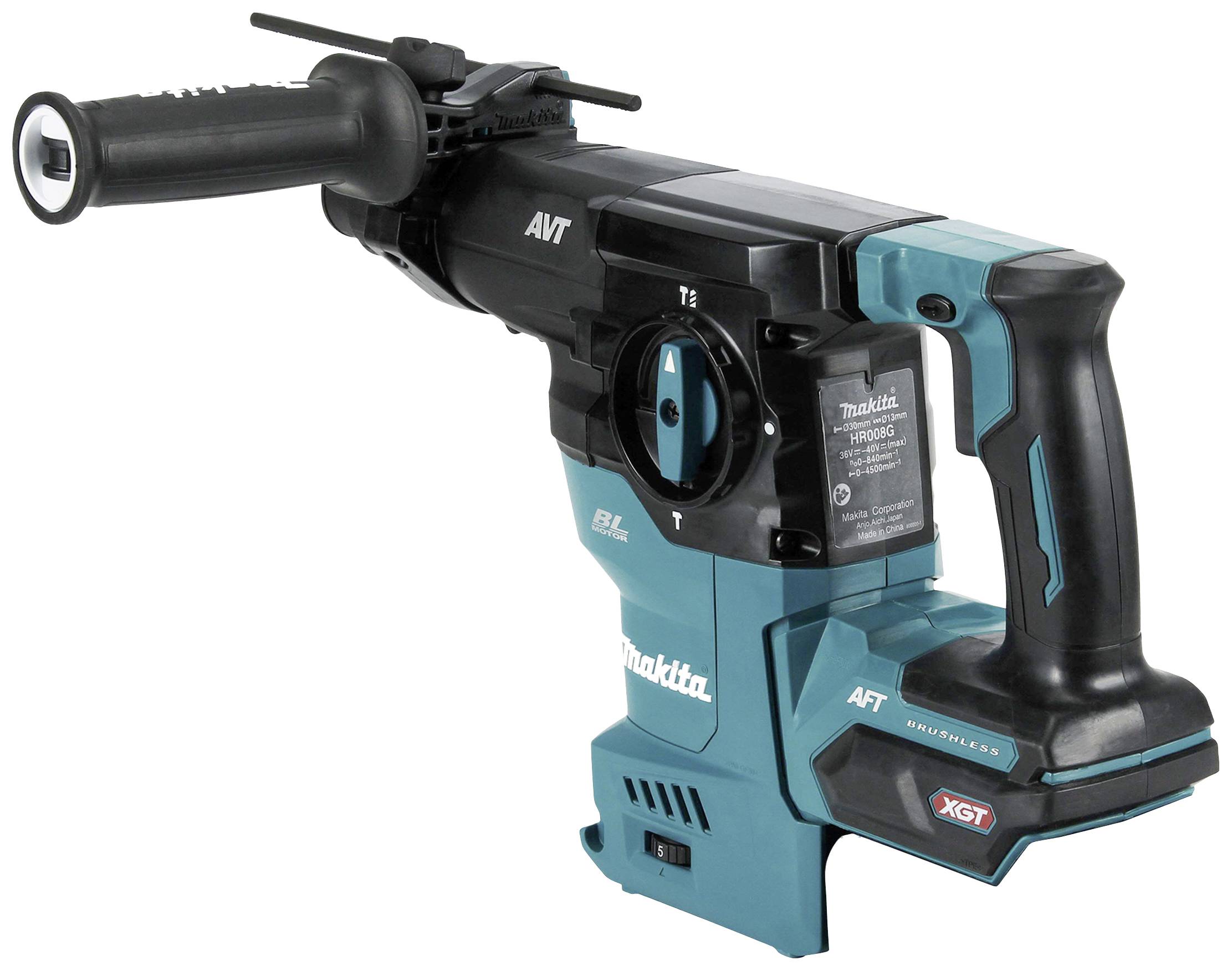 Ein kabelloser Bohrhammer mit grün-schwarzem Gehäuse und zusätzlichem Griff. Von Makita, Modell XGT, geeignet für Bauarbeiten.