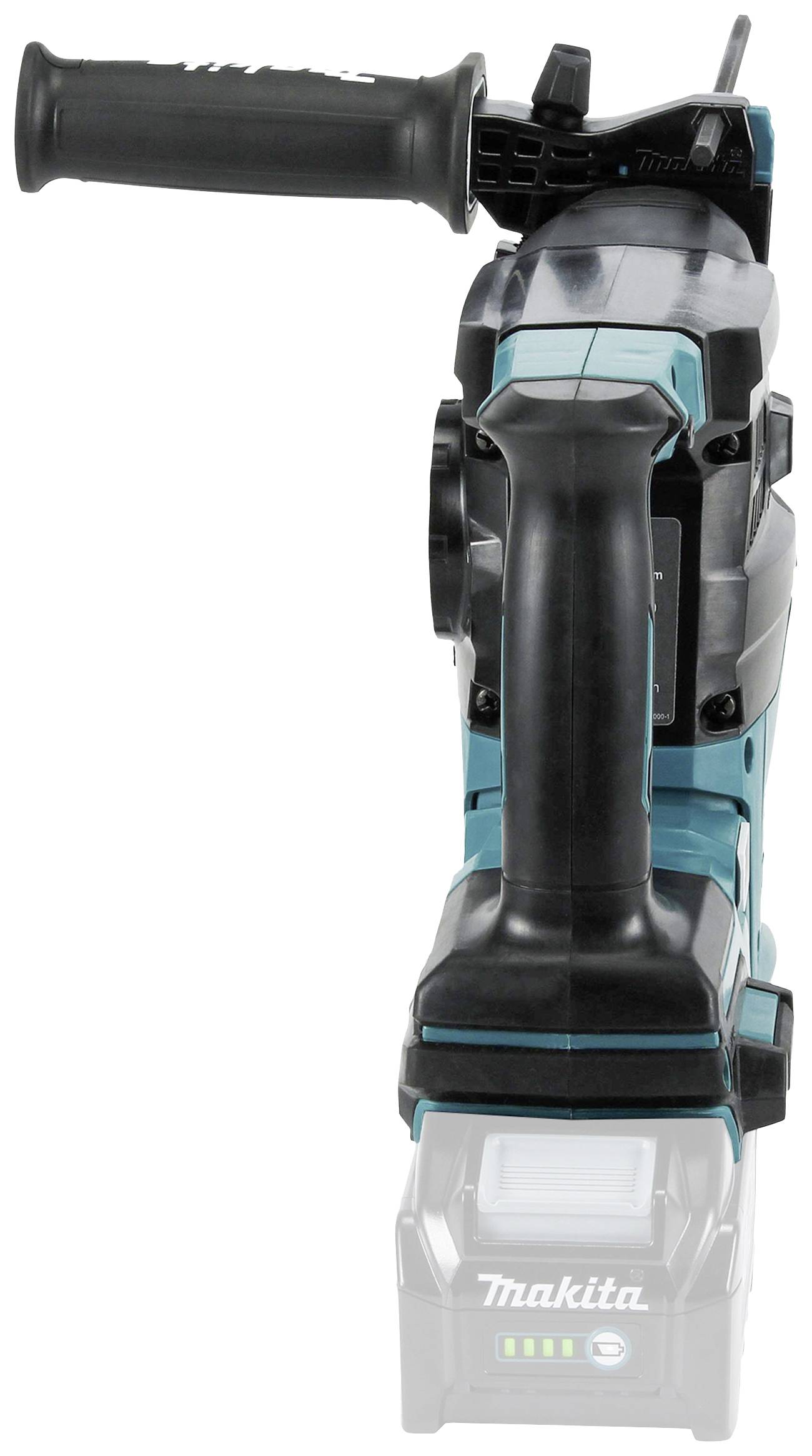 Elektrowerkzeug in Blau-Schwarz mit Griff und Akku-Anzeige im Vordergrund, teilweise verdeckt.