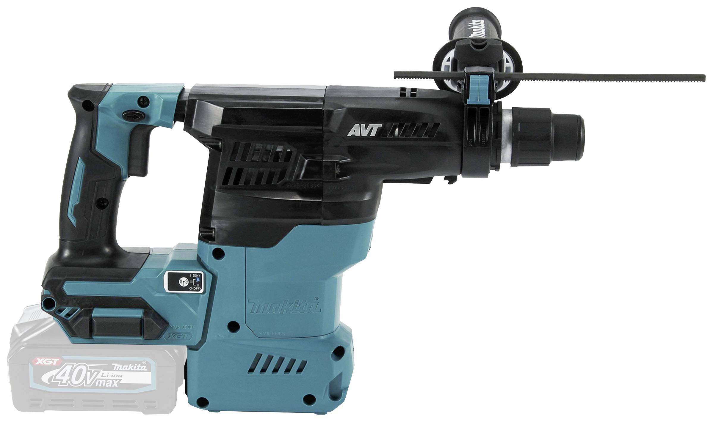 Ein kabelloser blauer Bohrhammer mit AVT-Technologie und Akkuanzeige, geeignet für schwere Bauarbeiten und Renovierungen.