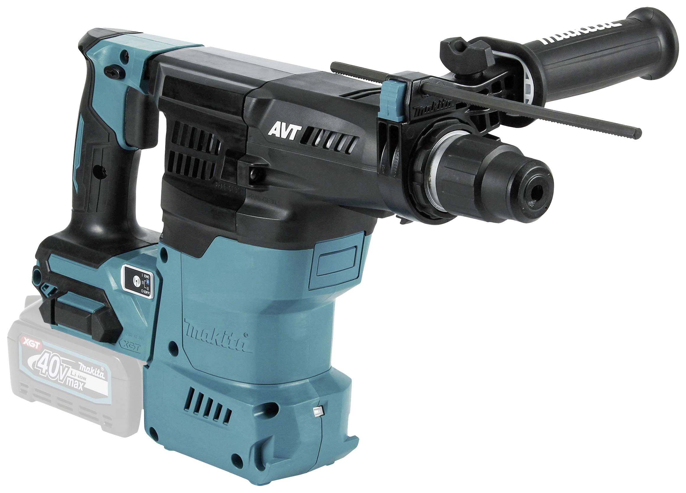 Ein kabelloser Stemmhammer in Blau und Schwarz mit einem Griff und einem Akku, geeignet für Bau- oder Renovierungsarbeiten.