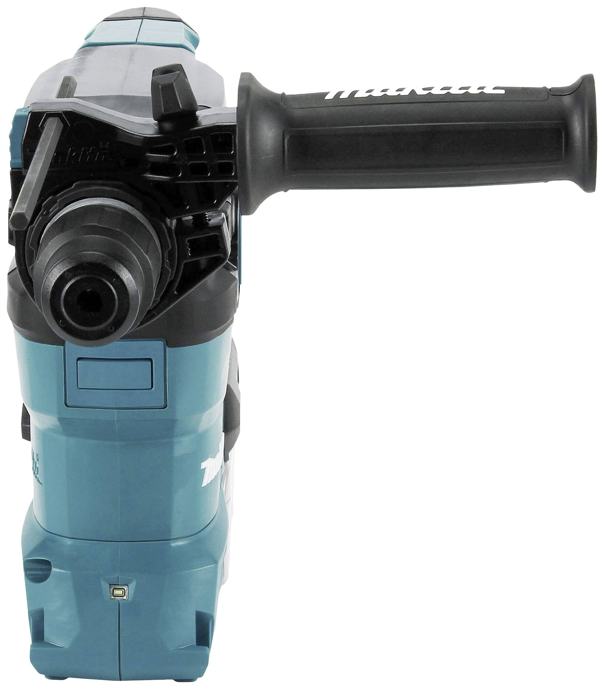 Ein blauer Elektrowerkzeug-Bohrhammer mit einem schwarzen Griff und einem Bohrfutter vorne.