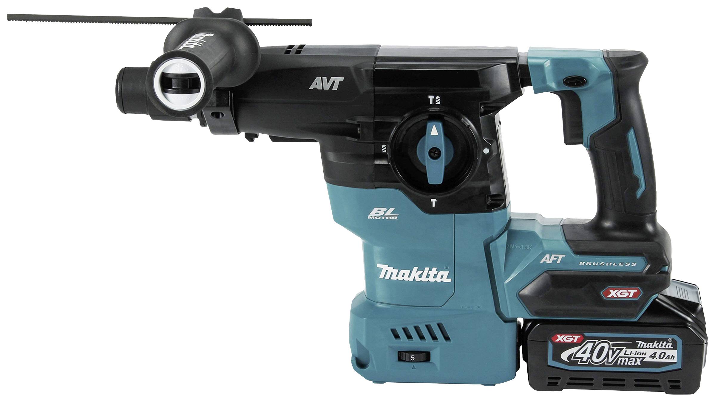 Akkubohrhammer mit einem Teal- und Schwarztönen, ausgestattet mit 40V max Akku, Griff links, Bohreraufsatz oben, Marke sichtbar.