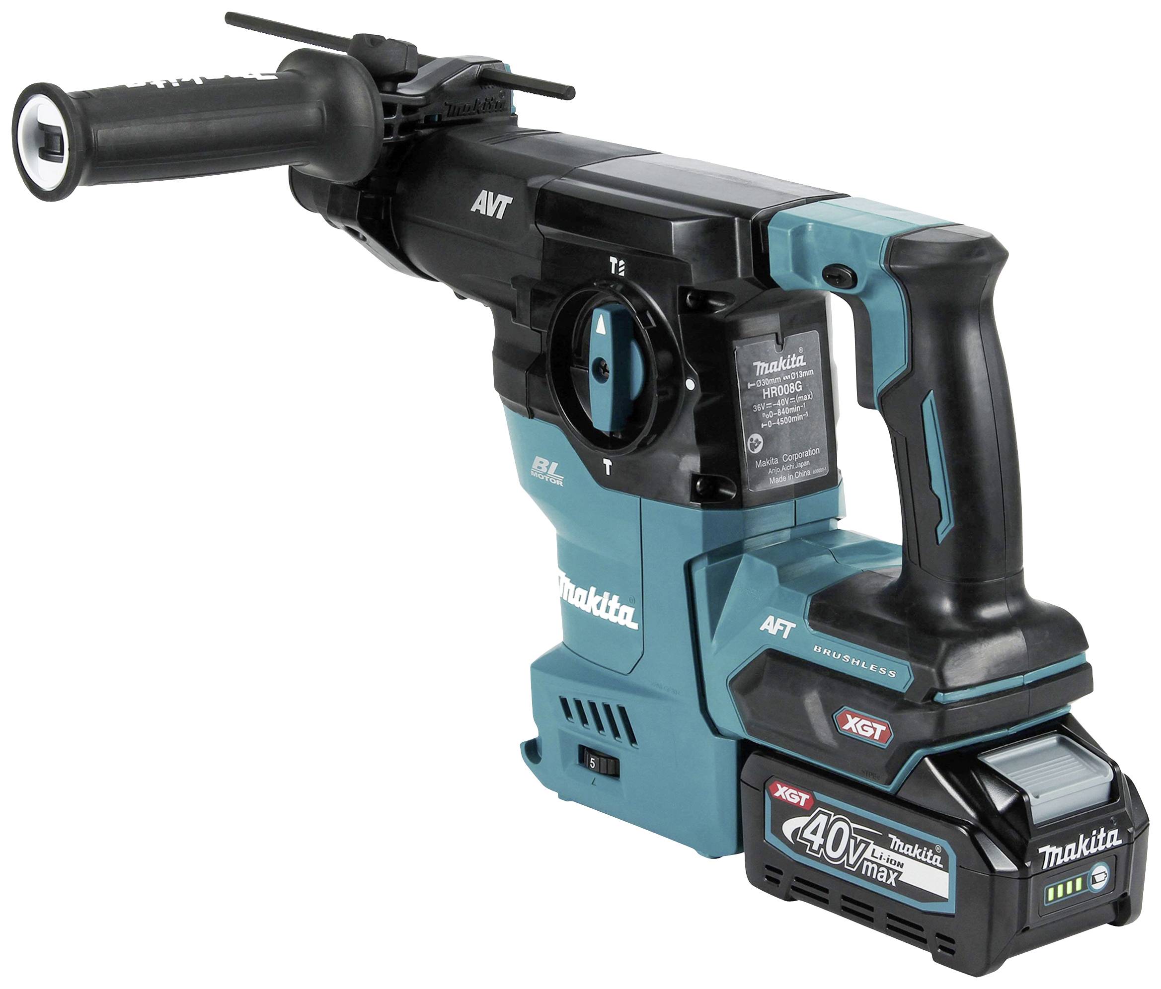 Akkubohrhammer der Marke Makita, Modell 40V max XGT. Gerät mit Griffen und Akku, geeignet für schwere Bohrarbeiten.