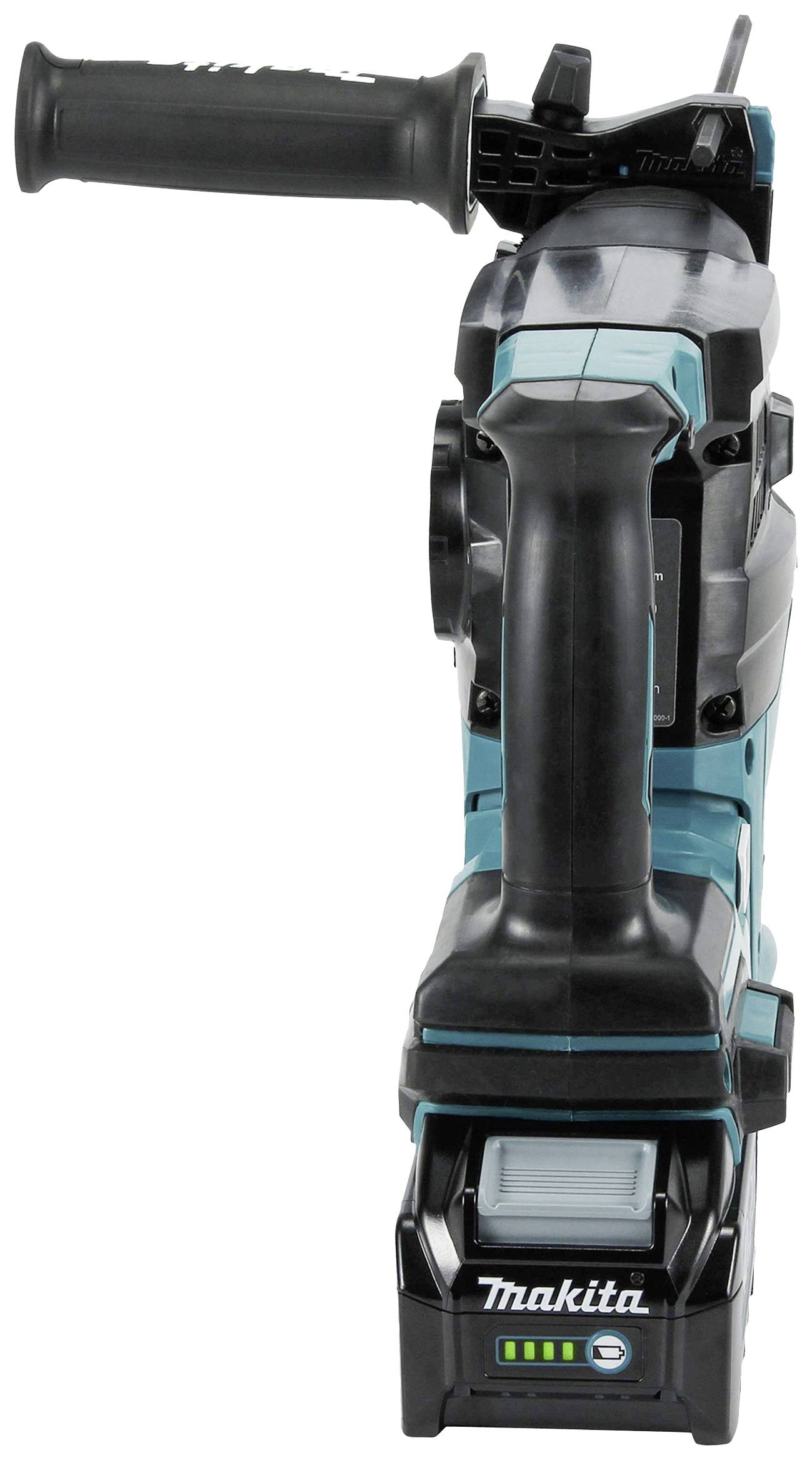 Eine blaue Akku-Kettensäge mit einem ergonomischen Griffdesign. Der Name des Herstellers steht unten auf dem Gerät.