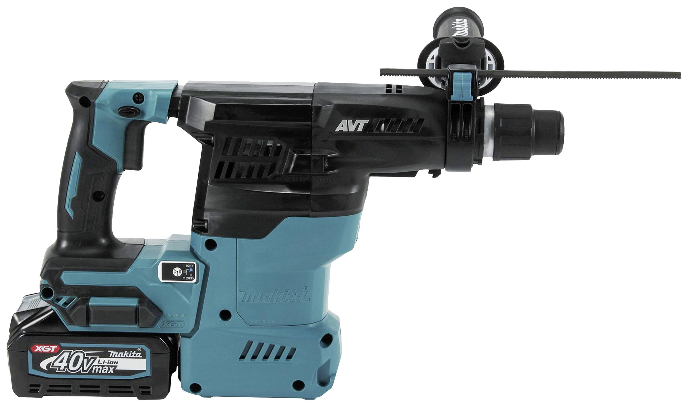 Akkubohrhammer in Blau und Schwarz mit 40V-Akku, geeignet für schwere Bohrarbeiten. Links ist der Griff zu sehen.