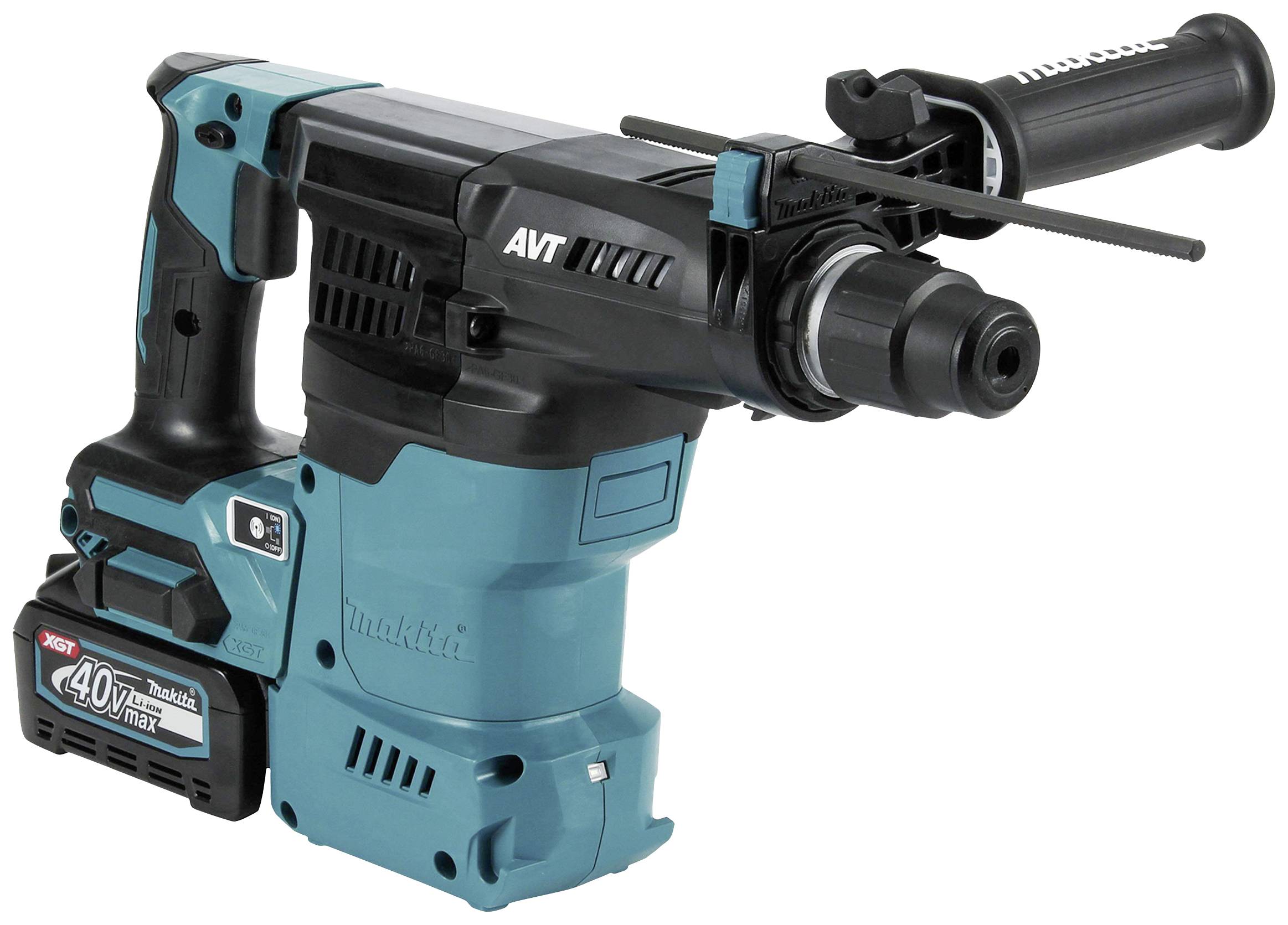 Ein blau-schwarzer Akku-Bohrhammer mit Gummigriff, seitlichem Handgriff und Ladeeinheit links. Geeignet für leistungsstarkes Bohren.