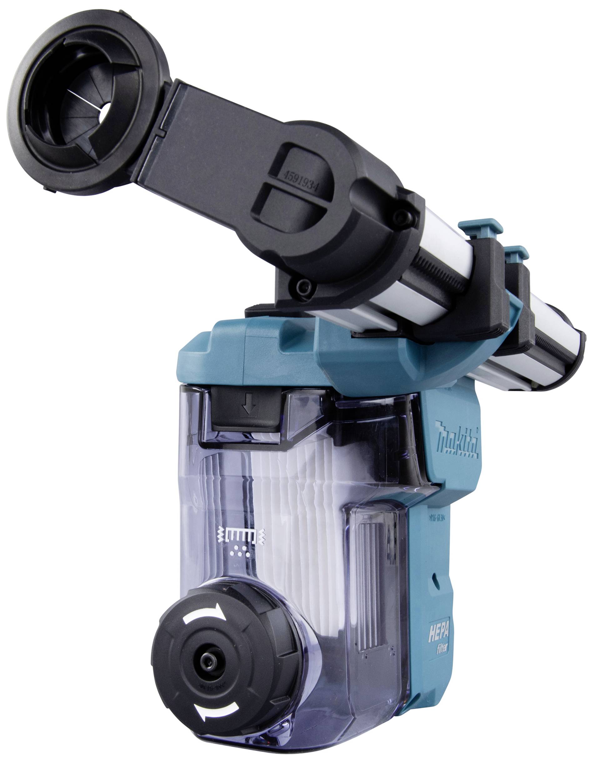 Ein blauer Staubsaugeraufsatz mit transparentem Behälter, ausgestattet mit einem HEPA-Filter und einem flexiblen, verstellbaren Arm.