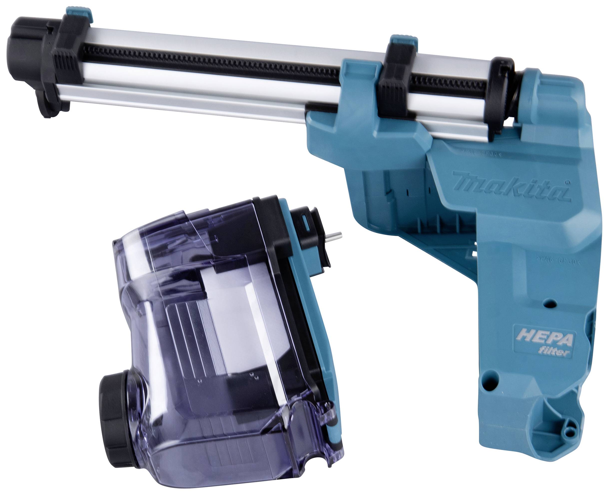 Ein zweifarbiges Werkzeug, hellblau und silber, mit einem transparenten Filteraufsatz. Es ist für den Einsatz mit HEPA-Filtern konzipiert.