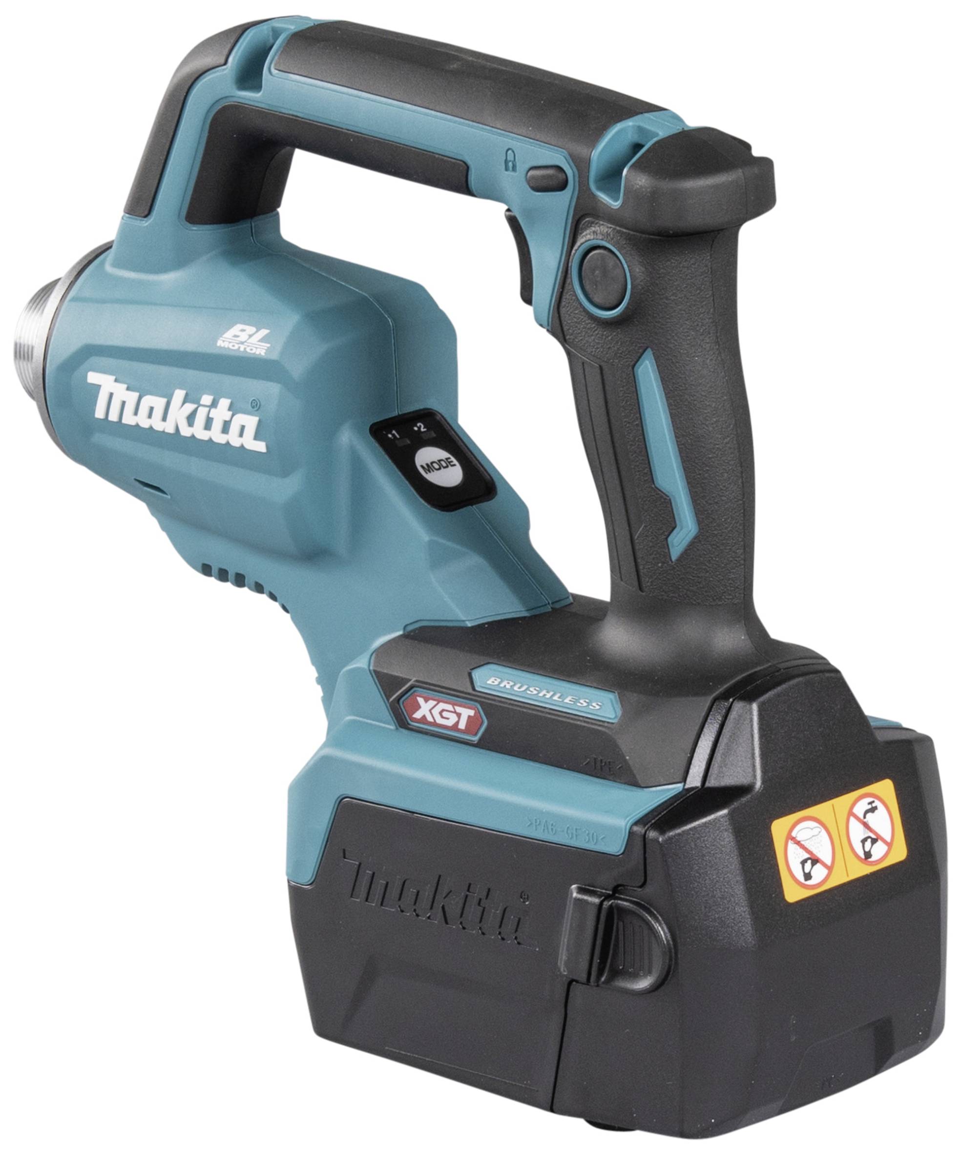 Ein kabelloses, blau-schwarzes Elektrowerkzeug mit ergonomischem Griff, Markenlogo und Sicherheitssymbolen, verwendet XGT-Akkus.
