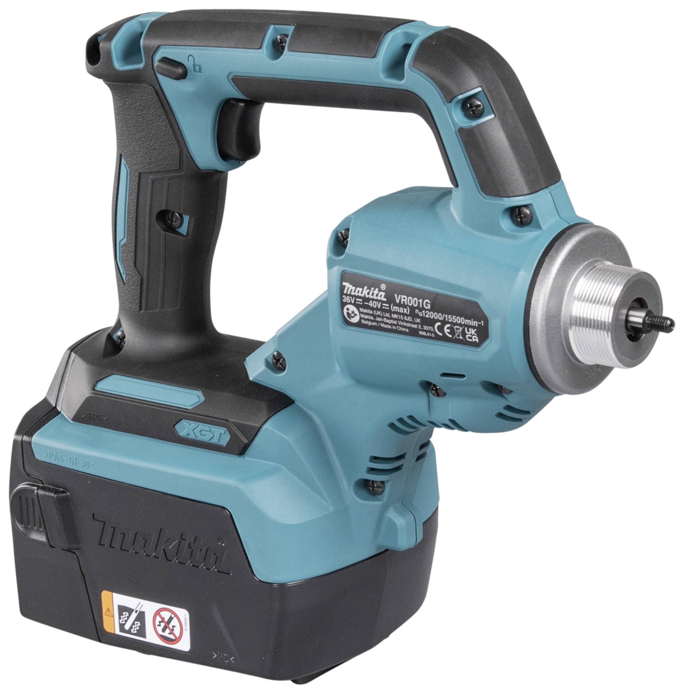 Kabelloser, blauer Winkelschlagschrauber auf weißem Hintergrund. Werkzeug ist robust, mit ergonomischem Griff, Makita-Logo sichtbar.