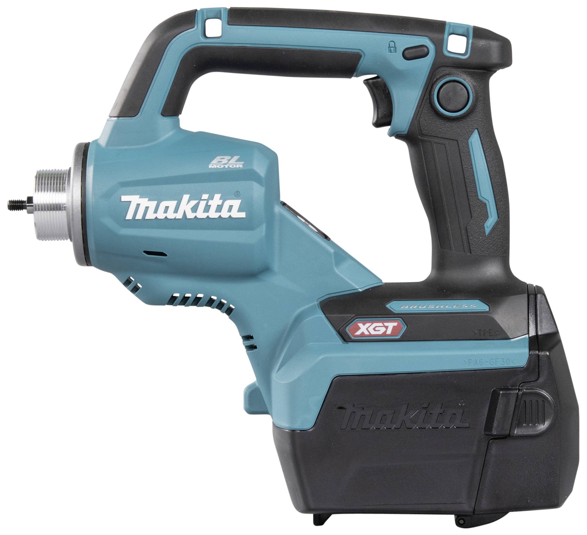 Kabelloser Makita XGT Fettpresse in Blau und Schwarz, mit ergonomischem Griff und XGT-Logo, geeignet für Schwerlastarbeiten.