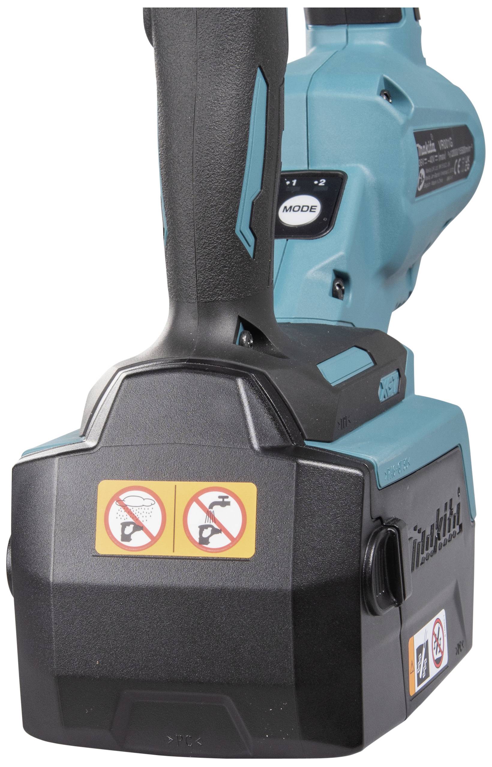 Kabelloses Elektrowerkzeug mit ergonomischem Griff und blauer Oberfläche. Sicherheitssymbole auf der Rückseite.