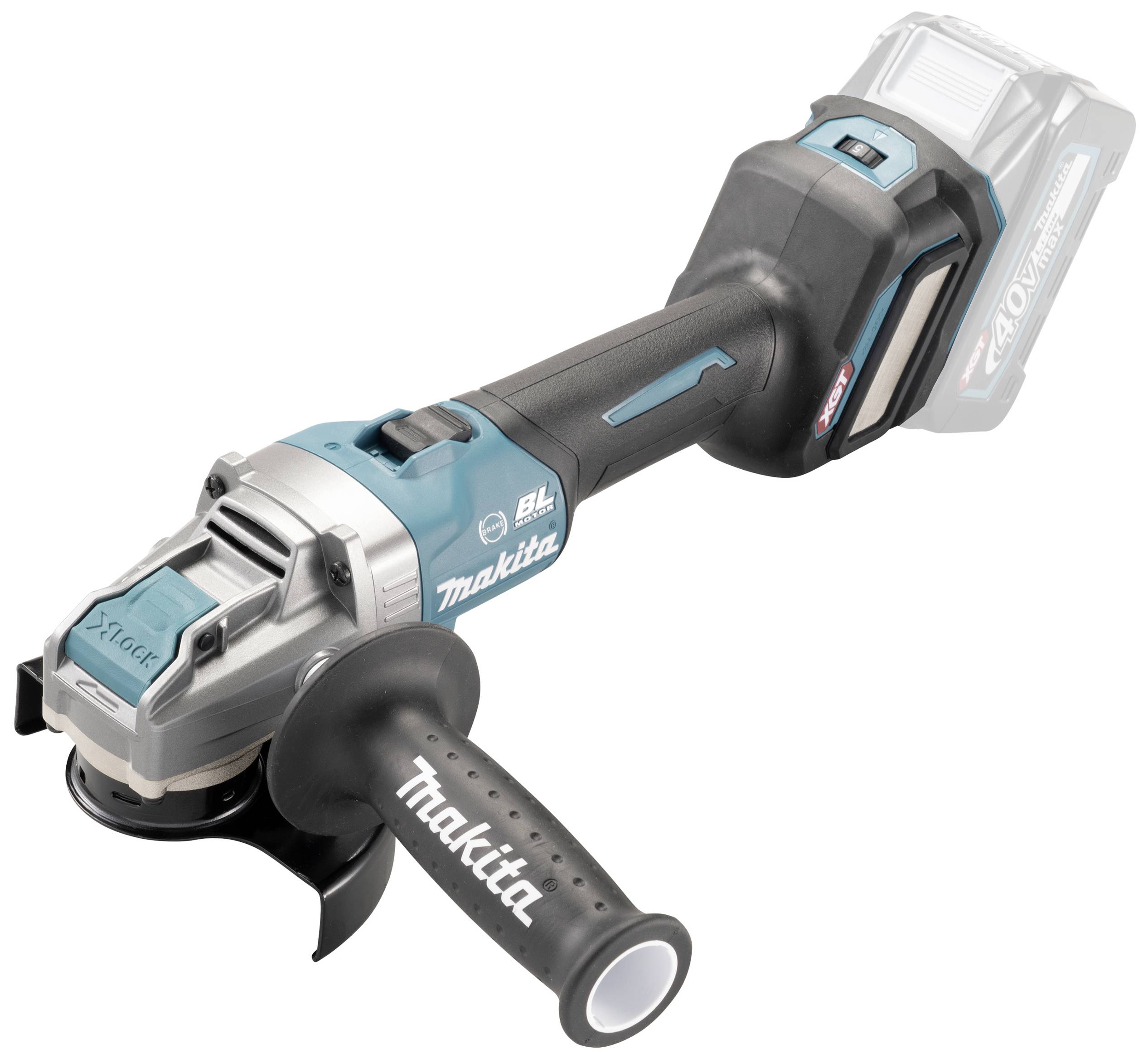 Kabelloser Winkelschleifer mit ergonomischem Griff, während ein seitlicher Griff den 'Makita'-Markennamen trägt.