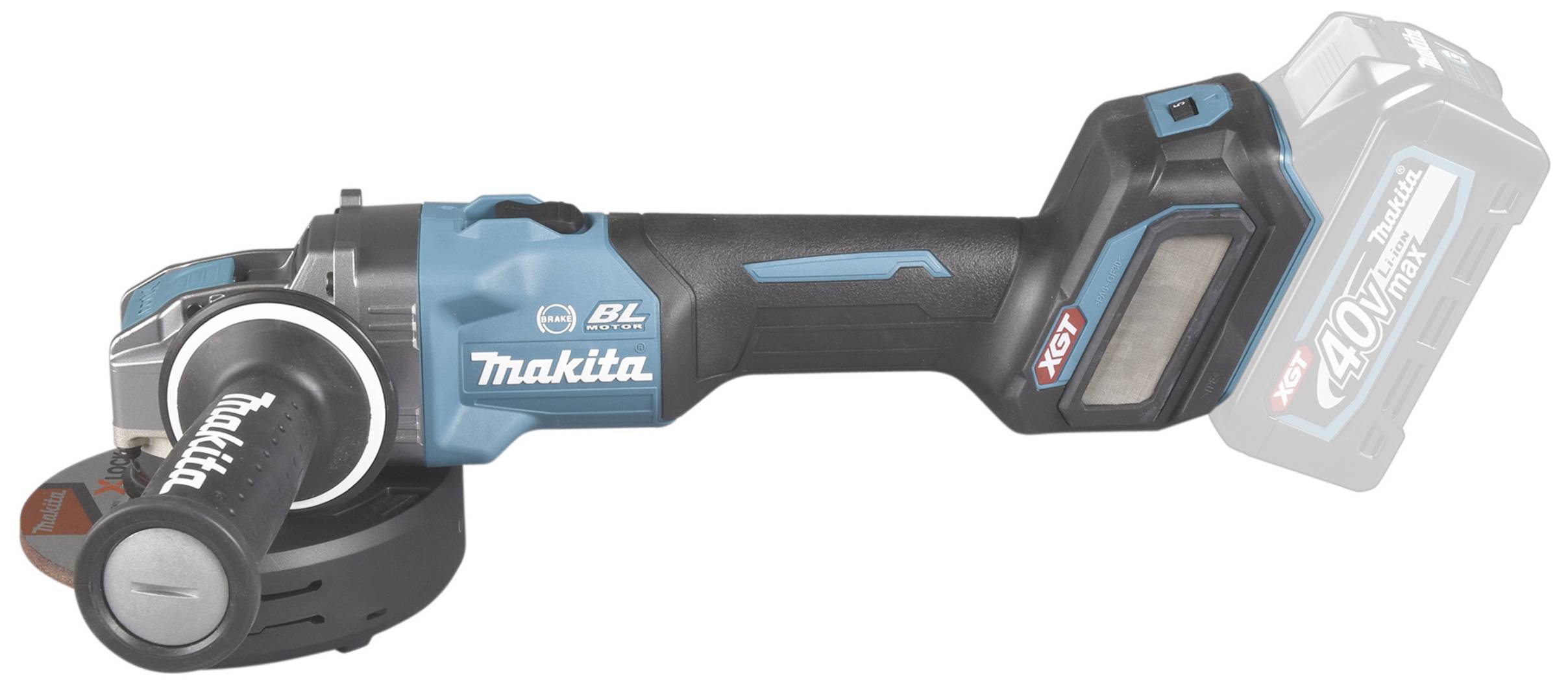 Akku-Winkelschleifer mit Handgriff und Scheibe, blau-schwarz, von der Firma Makita, geeignet für Schneid- und Schleifarbeiten.