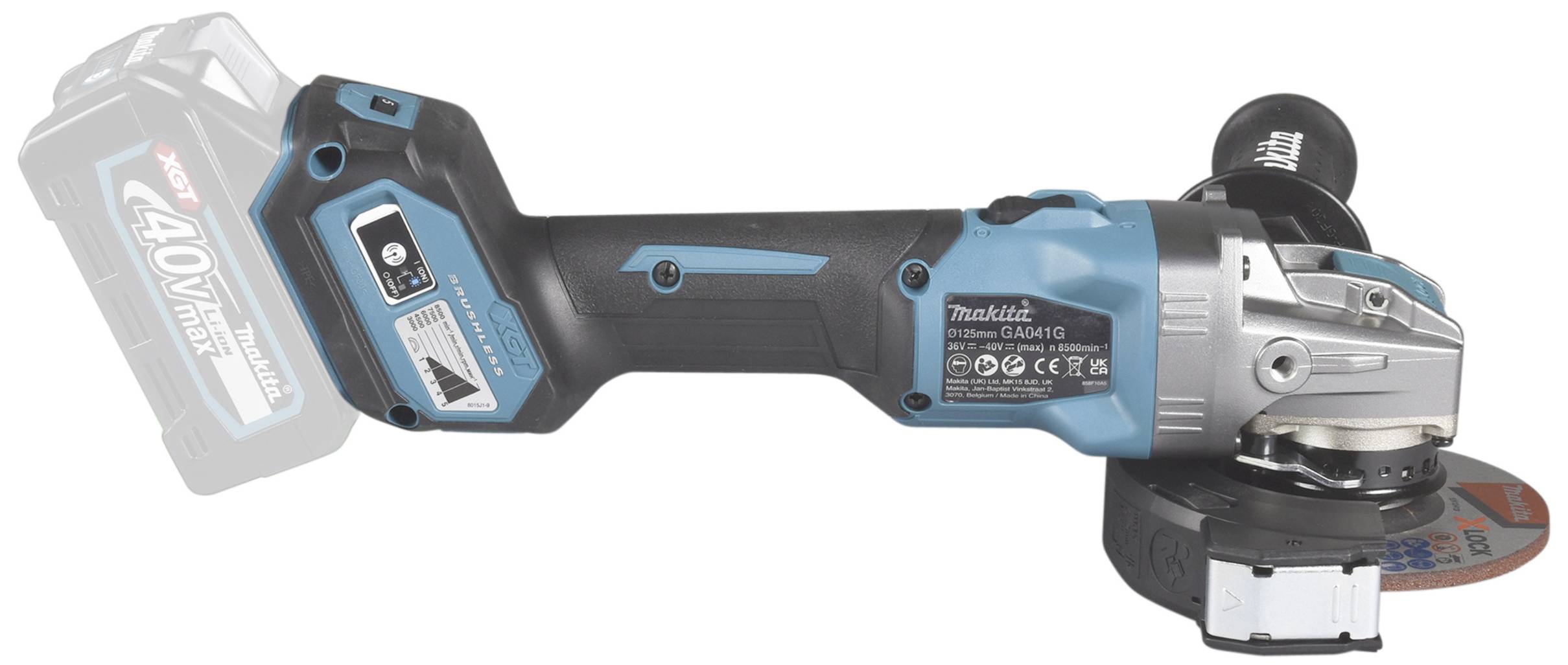 Akkubetriebener Winkelschleifer in Blau und Schwarz, mit einem 40V Akku. Geeignet für Metallbearbeitung und Oberflächenschleifen.