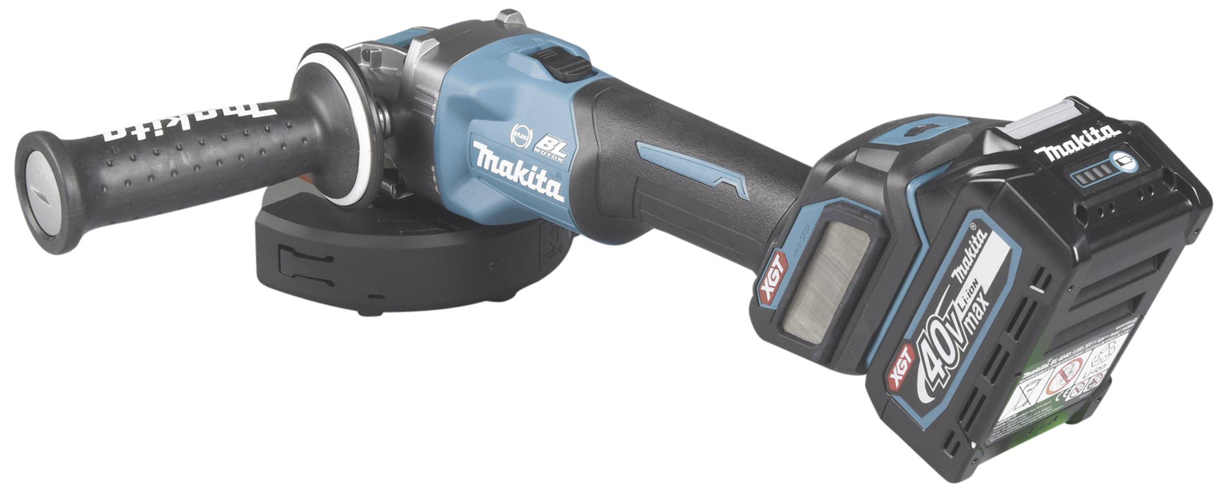 Kabelloser Winkelschleifer von Makita, blau-schwarz, mit Zusatzhandgriff. Akku mit 40V Max etiketiert, geeignet für Schleifarbeiten.