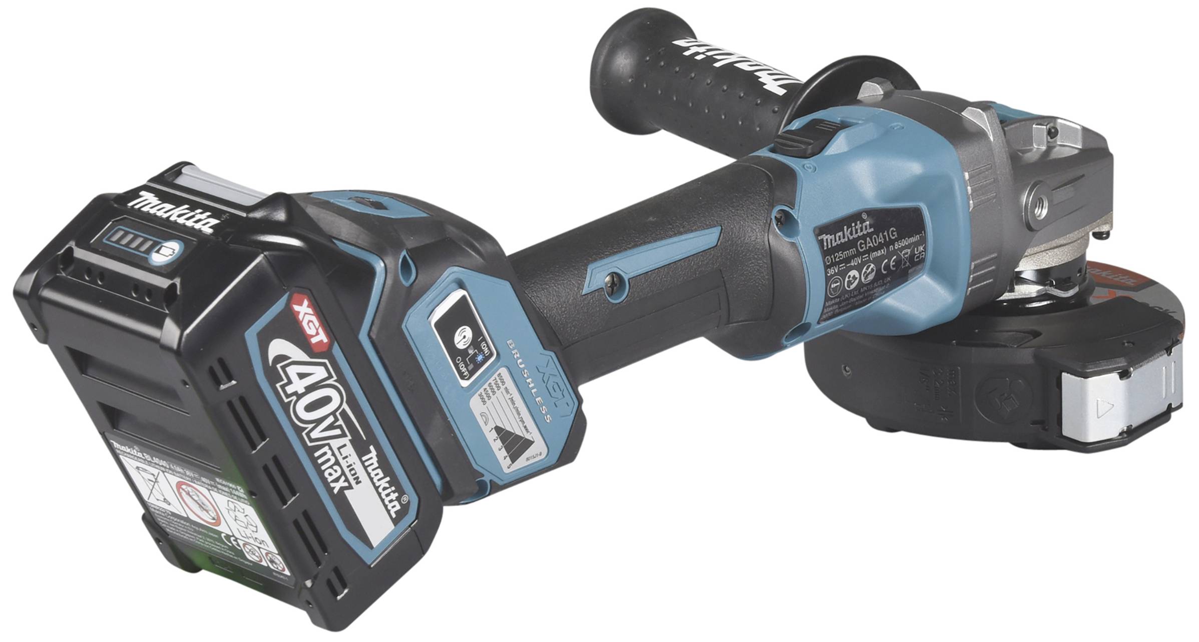 Ein blauer, akkubetriebener Winkelschleifer mit einem 40V Max-Akku, Griff und rotierendem Kopf. Verwendet für Schleif- und Schneidarbeiten.