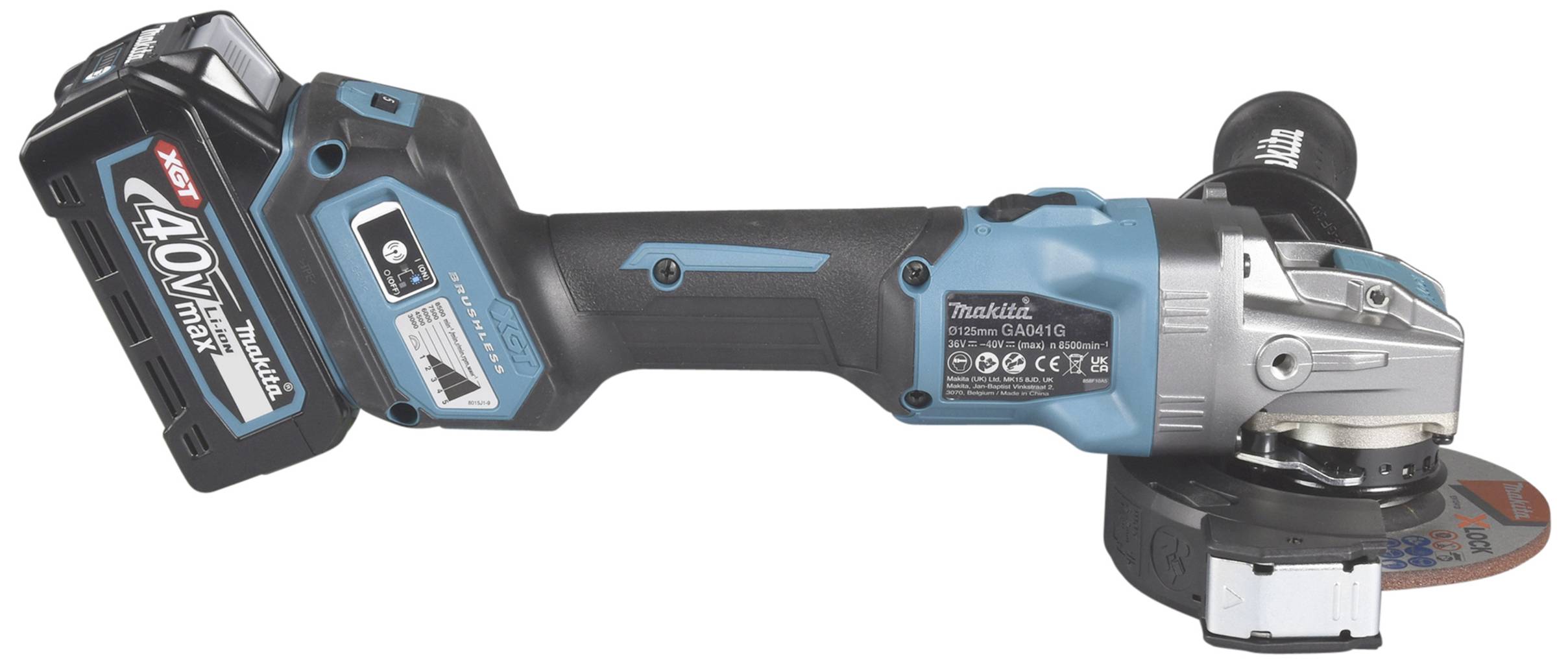 Eine blaue Akku-Winkelschleifmaschine mit 40V Max-Batterie, Seitenhandgriff und Schutzabdeckung, geeignet für Schleifarbeiten.