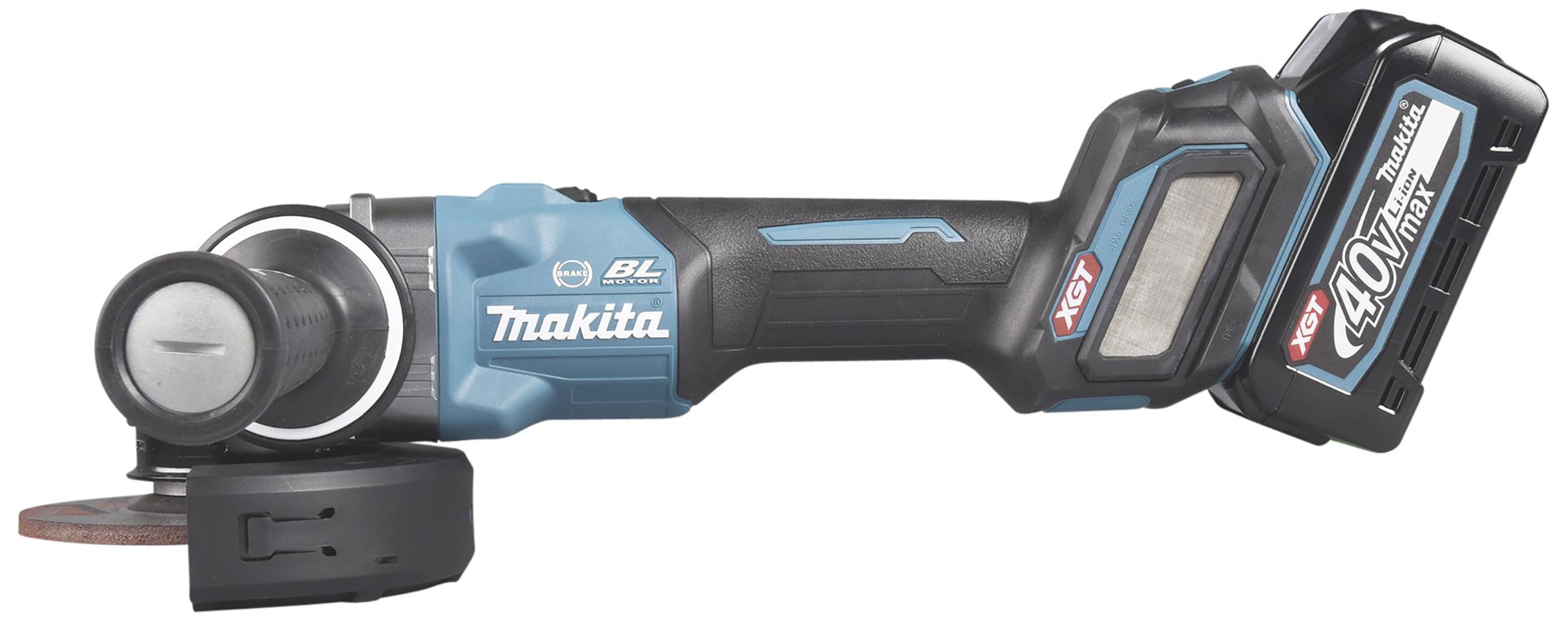 Akkubetriebener Winkelschleifer mit blau-schwarzem Gehäuse, Hersteller 'Makita', mit 40V-Batterie montiert.
