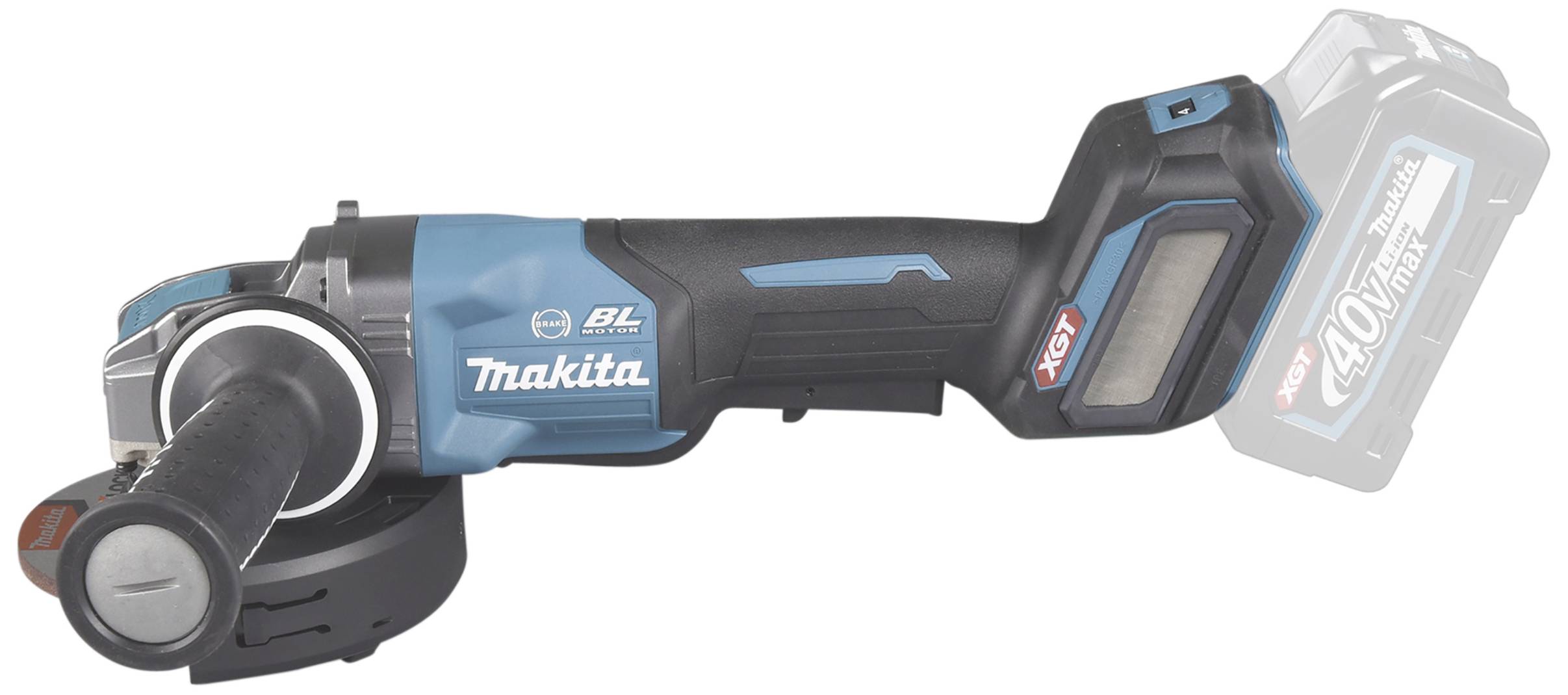 Akku-Winkelschleifer mit blau-schwarzem Gehäuse, Griff, Schutzabdeckung, und Makita-Logo. Akku separat im Hintergrund sichtbar.