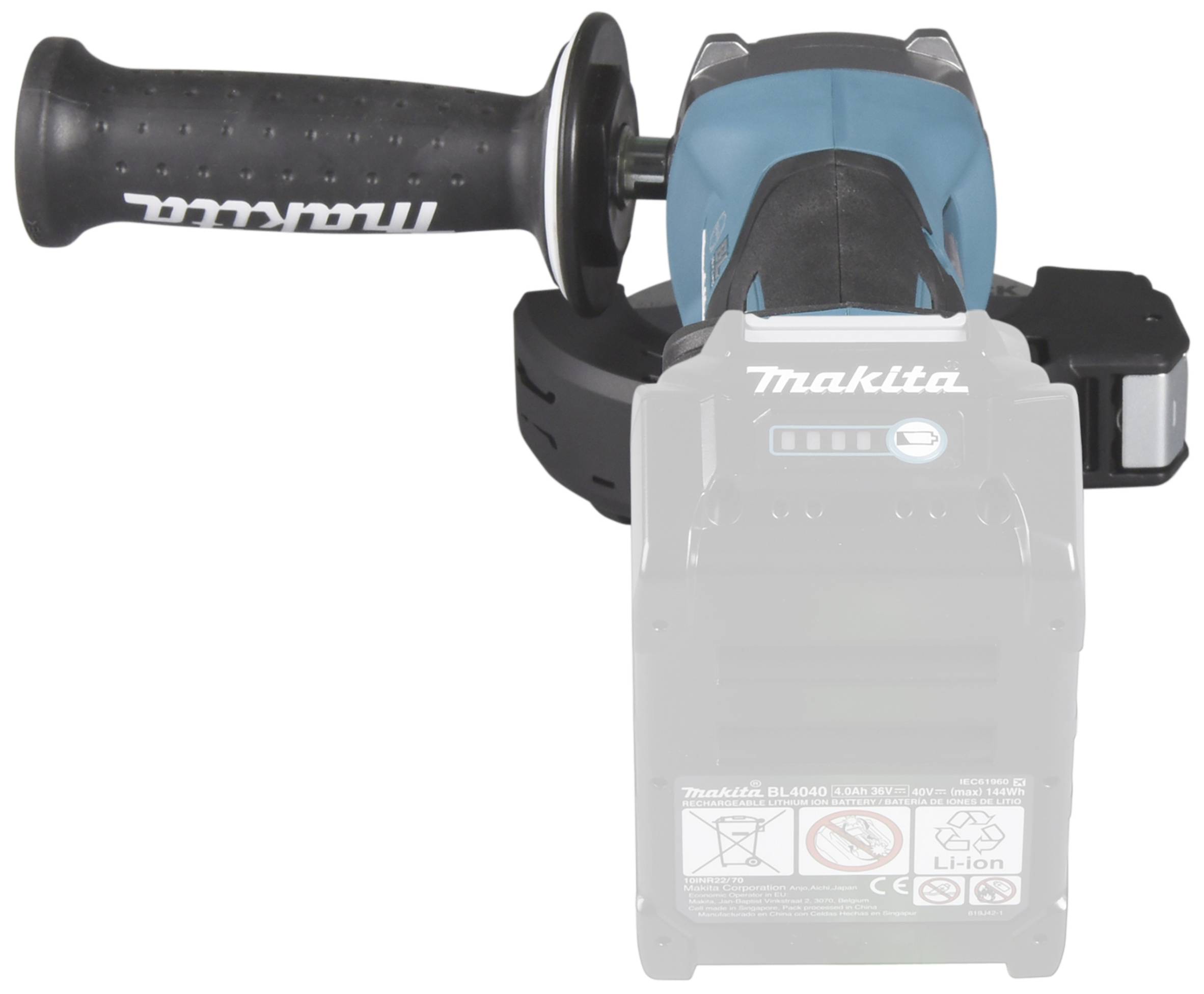 Akkubetriebener Winkelschleifer mit Griff und sichtbarer Makita-Batterie. Geeignet für handwerkliche Arbeiten, tragbar und kabellos.