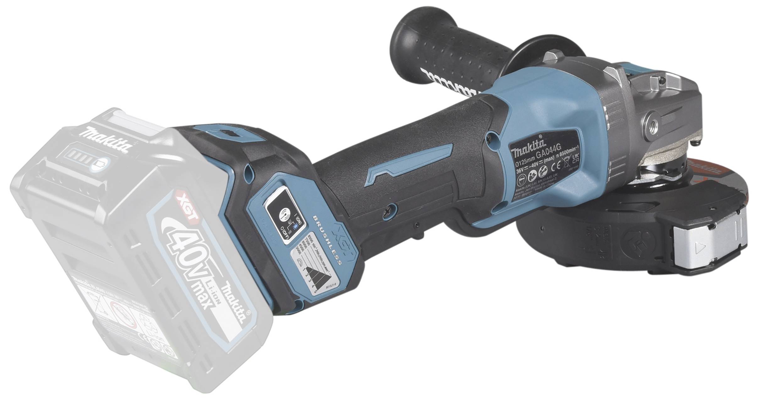 Ein kabelloser Winkelschleifer mit blau-schwarzem Gehäuse, ergonomischem Griff und sichtbarem 40V Akku, geeignet für Metallarbeiten.