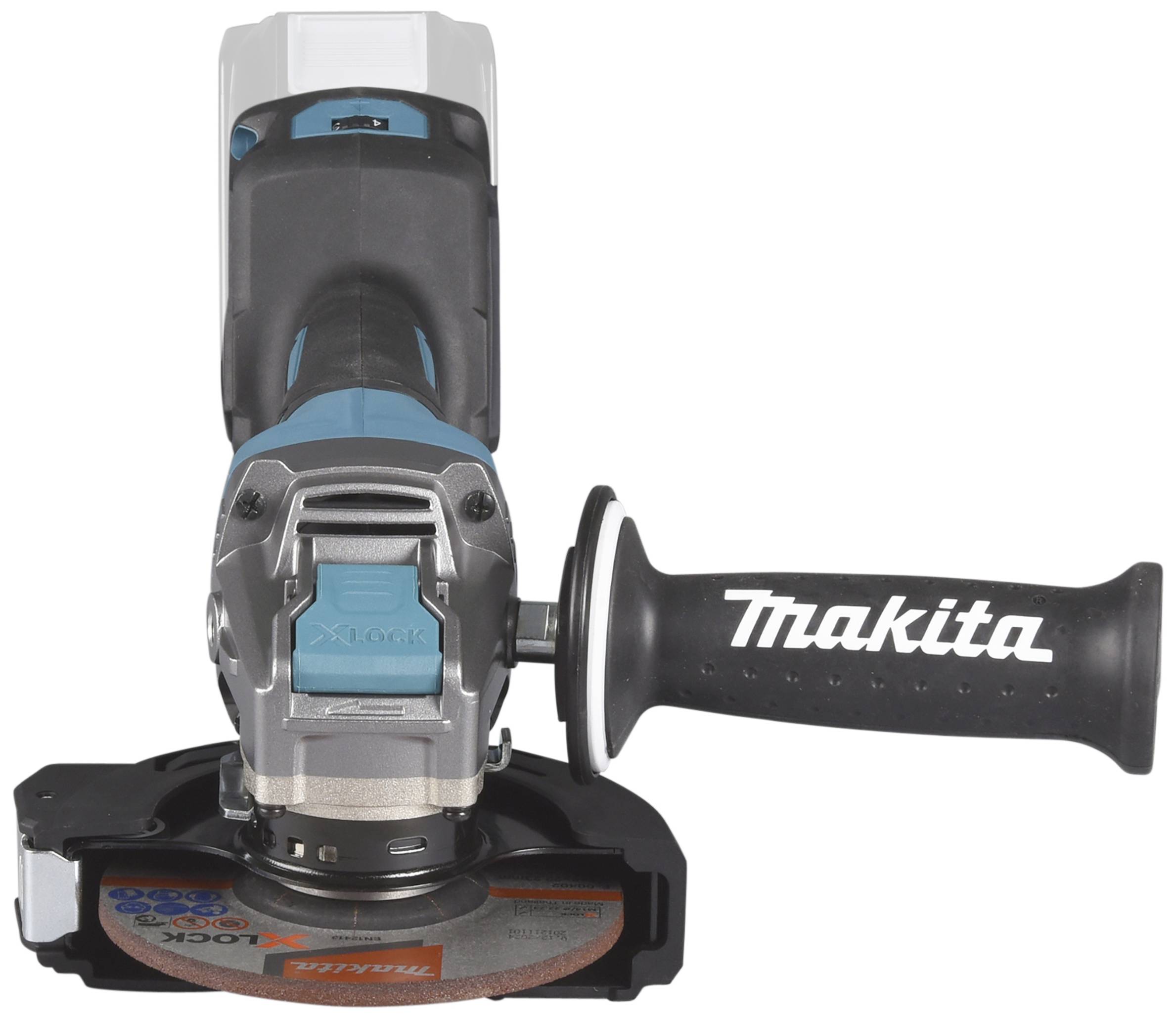 Ein blauer Winkelschleifer mit schwarzem Griff, auf dem 'Makita' steht.