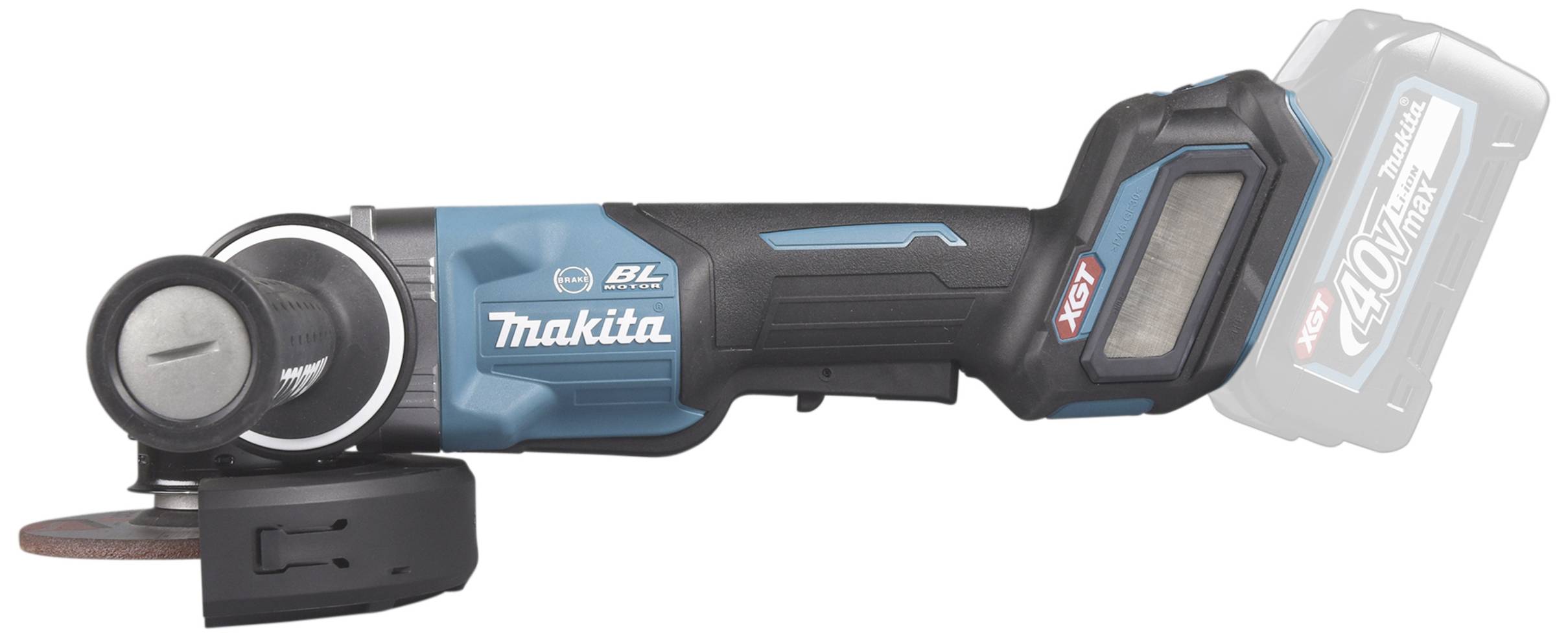 Akkubetriebener Makita-Winkelschleifer auf einer Seite liegend, mit blau-schwarzem Design und grauem Schleifkopf, Akkufach erkennbar.