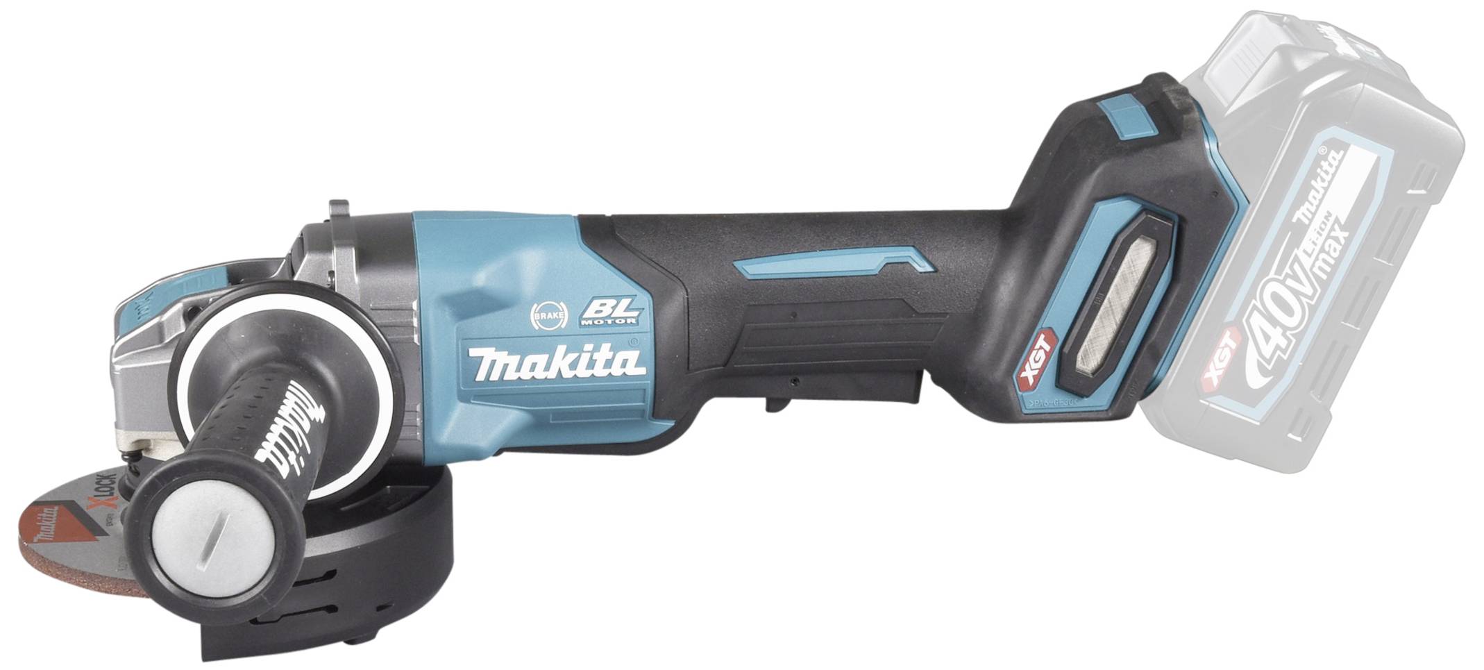 Ein Akku-Winkelschleifer mit ergonomischem Griff und Scheibe, markiert mit 'Makita 40V max', abgebildet von der Seite.