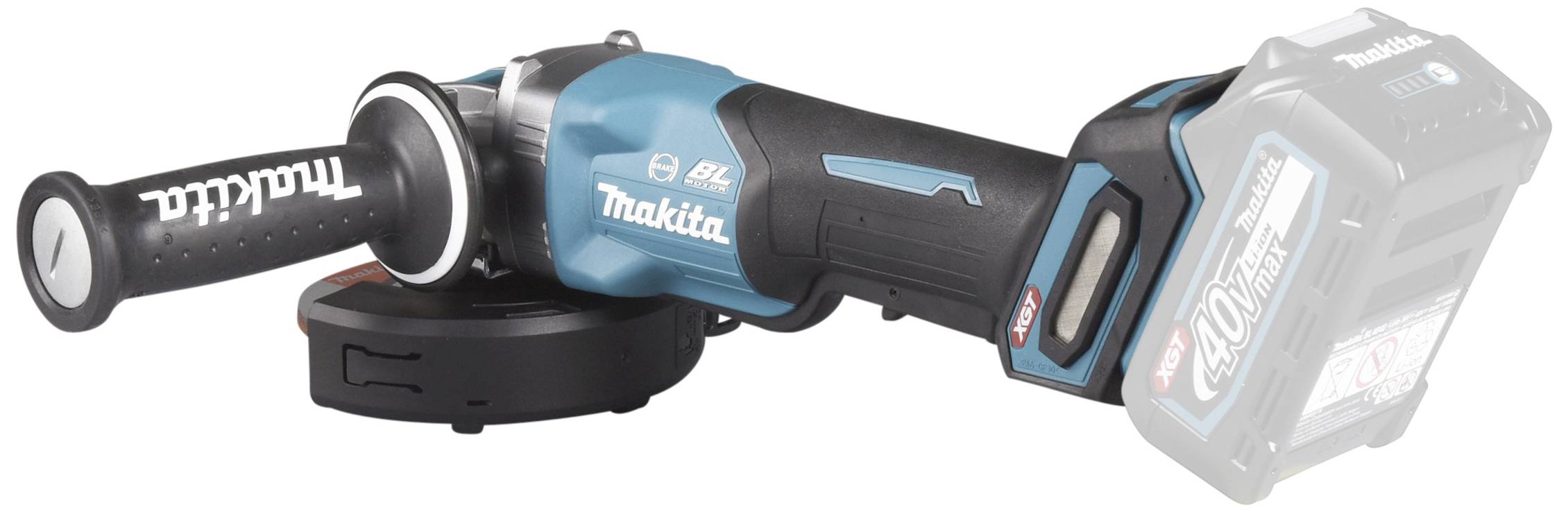 Akkuschleifer von Makita mit seitlichem Griff und Akku, ideal für Schleif- und Polierarbeiten, markant in Blau und Schwarz.