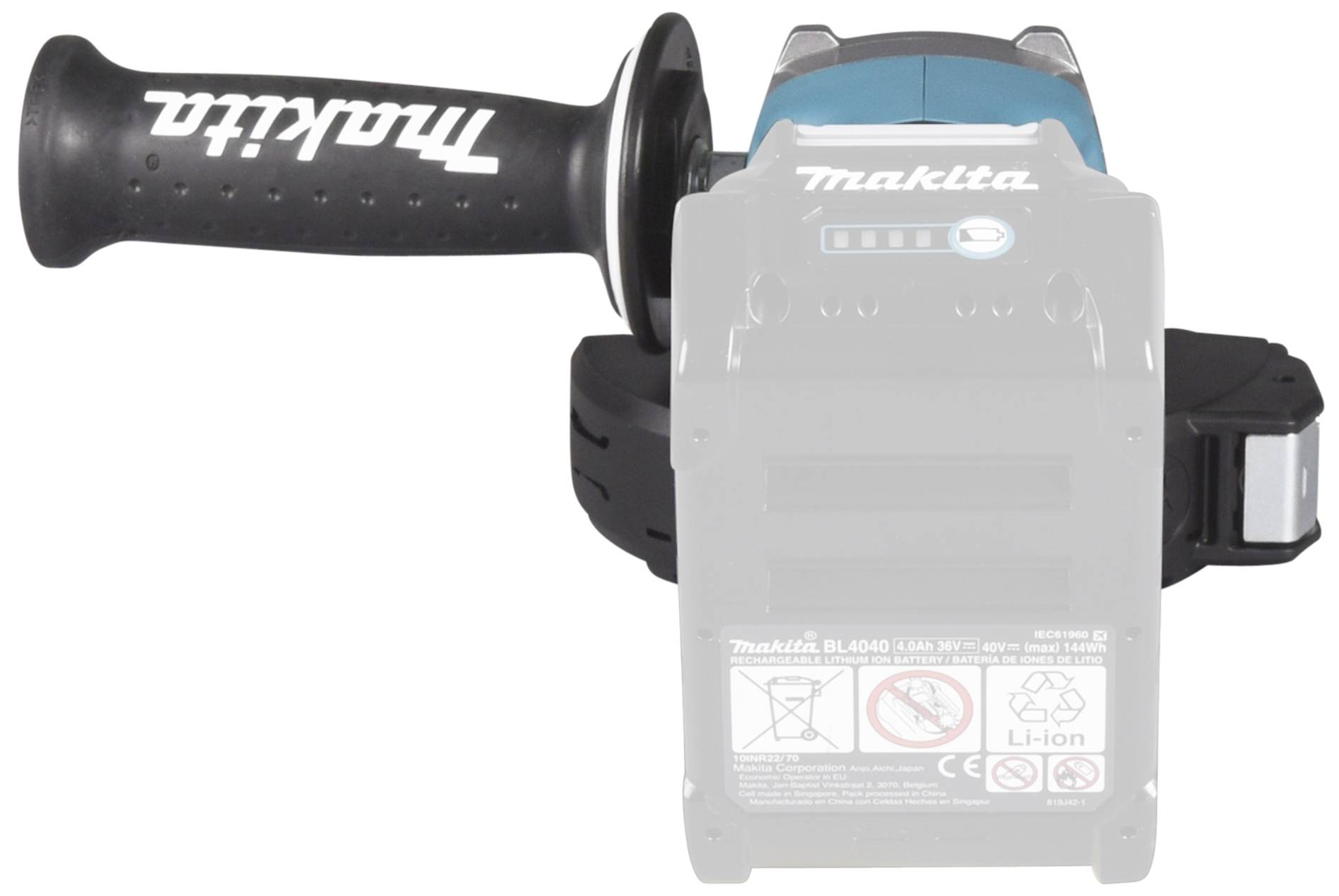 Ein Makita-Akkuwerkzeug mit Handgriff, sichtbarem Akku und Sicherheitswarnhinweisen auf der Rückseite.