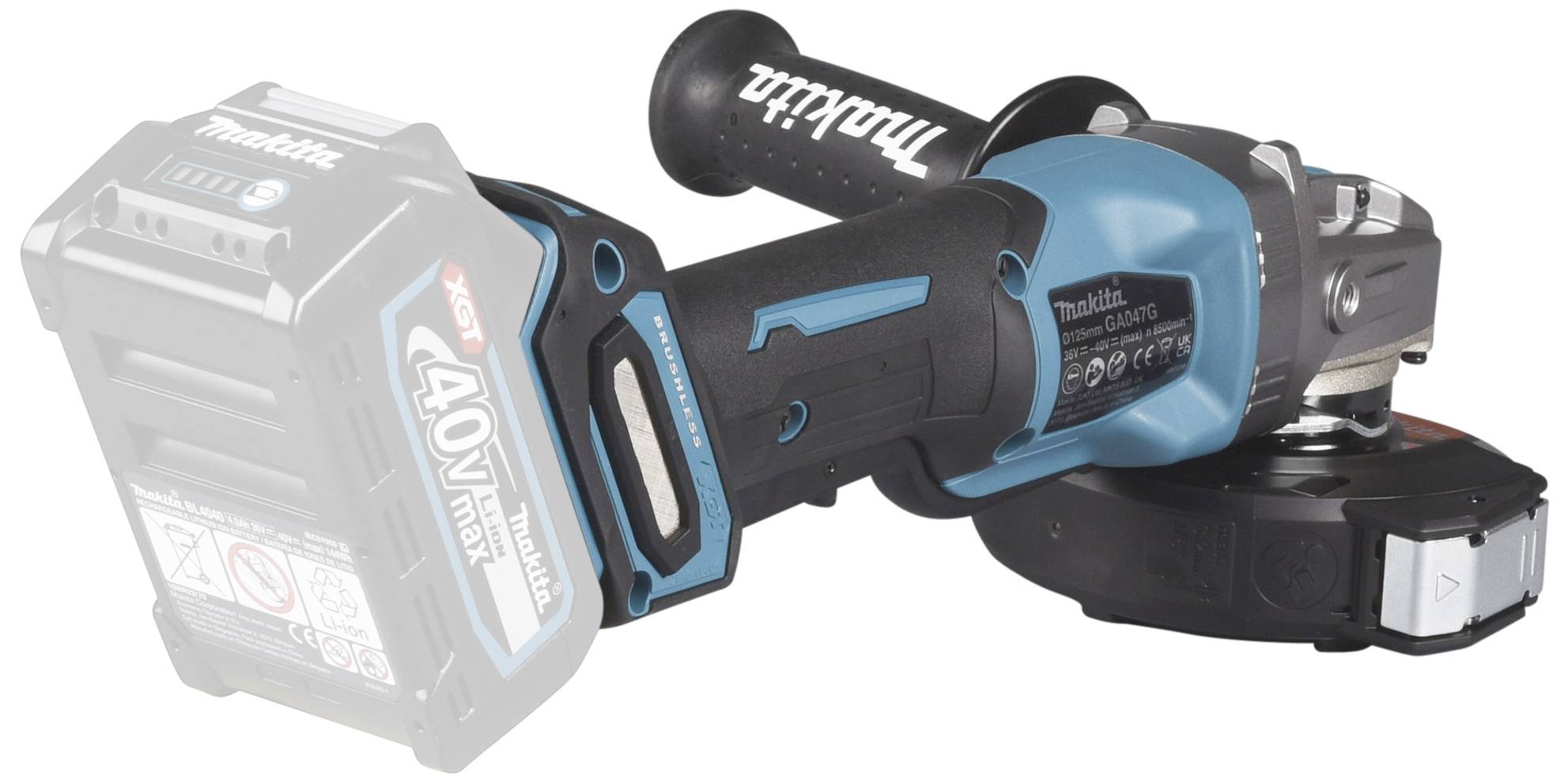 Ein blauer und schwarzer Akkuschleifer mit Makita-Logo und austauschbarem 40-V-Akku, seitlichem Griff und Schutzabdeckung.