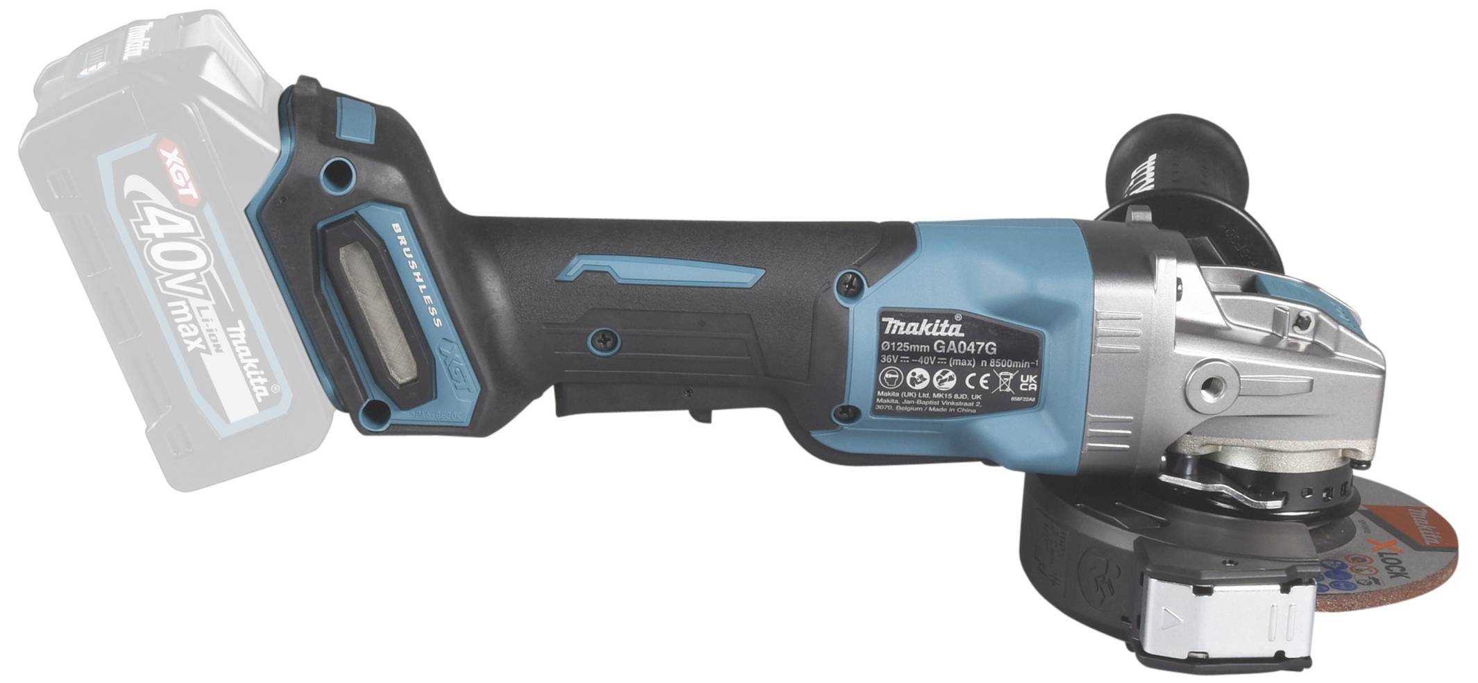 Ein blauer und schwarzer Akku-Winkelschleifer mit angebrachtem Schleifblatt. Im Hintergrund ist eine 40V-Akkuanzeige zu sehen.