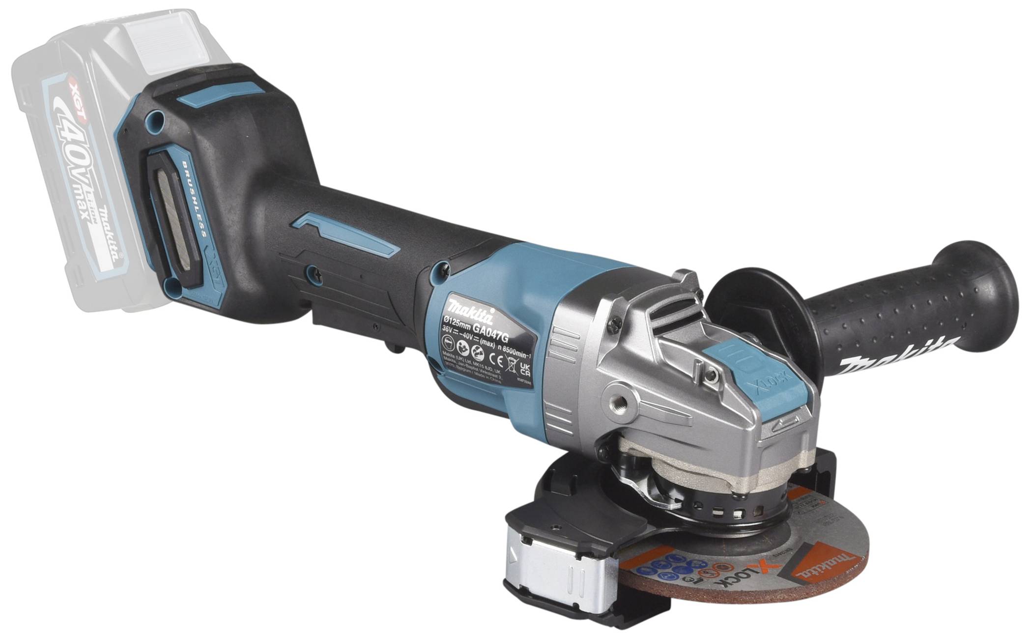 Akkubetriebener Winkelschleifer mit blau-schwarzem Gehäuse und Scheibe, geeignet für Schneid- und Schleifarbeiten.