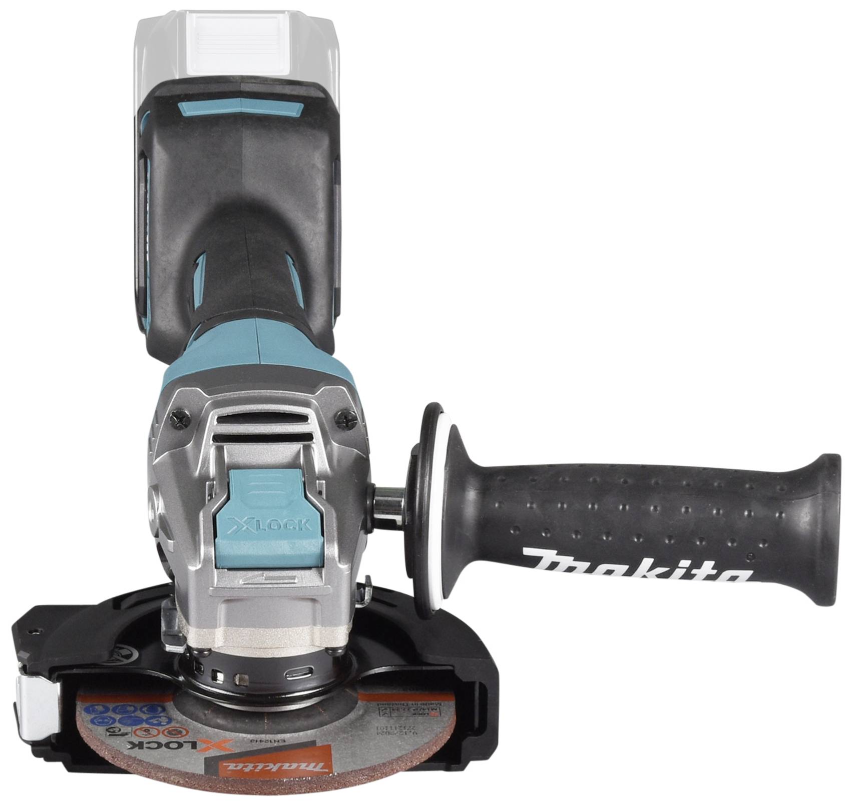 Akku-Winkelschleifer mit schwarzem Handgriff und blauem Gehäuse, geeignet für Schleif- und Schneidarbeiten.