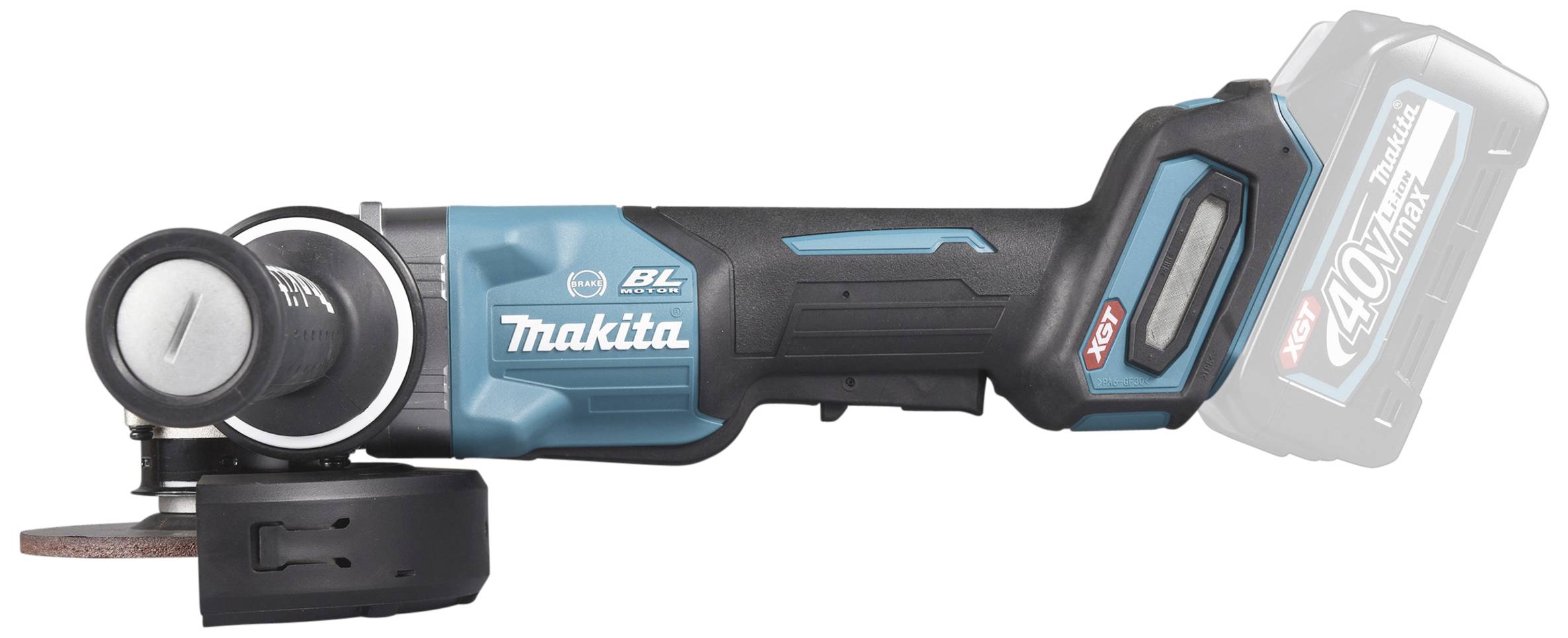 Eine blaue Akku-Winkelschleifmaschine mit einem Griff und einem deutlich sichtbaren Batteriefach.