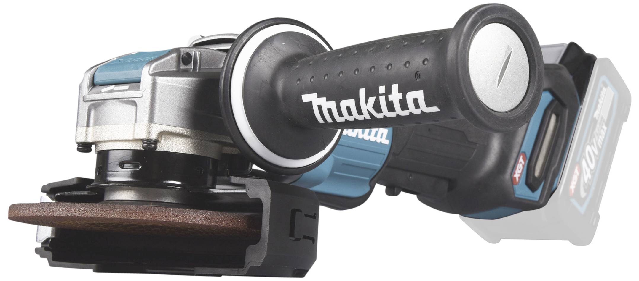 Akkubetriebener Winkelschleifer mit ergonomischem Griff und sichtbarem Schleifaufsatz im Vordergrund, geeignet für Schleifarbeiten.