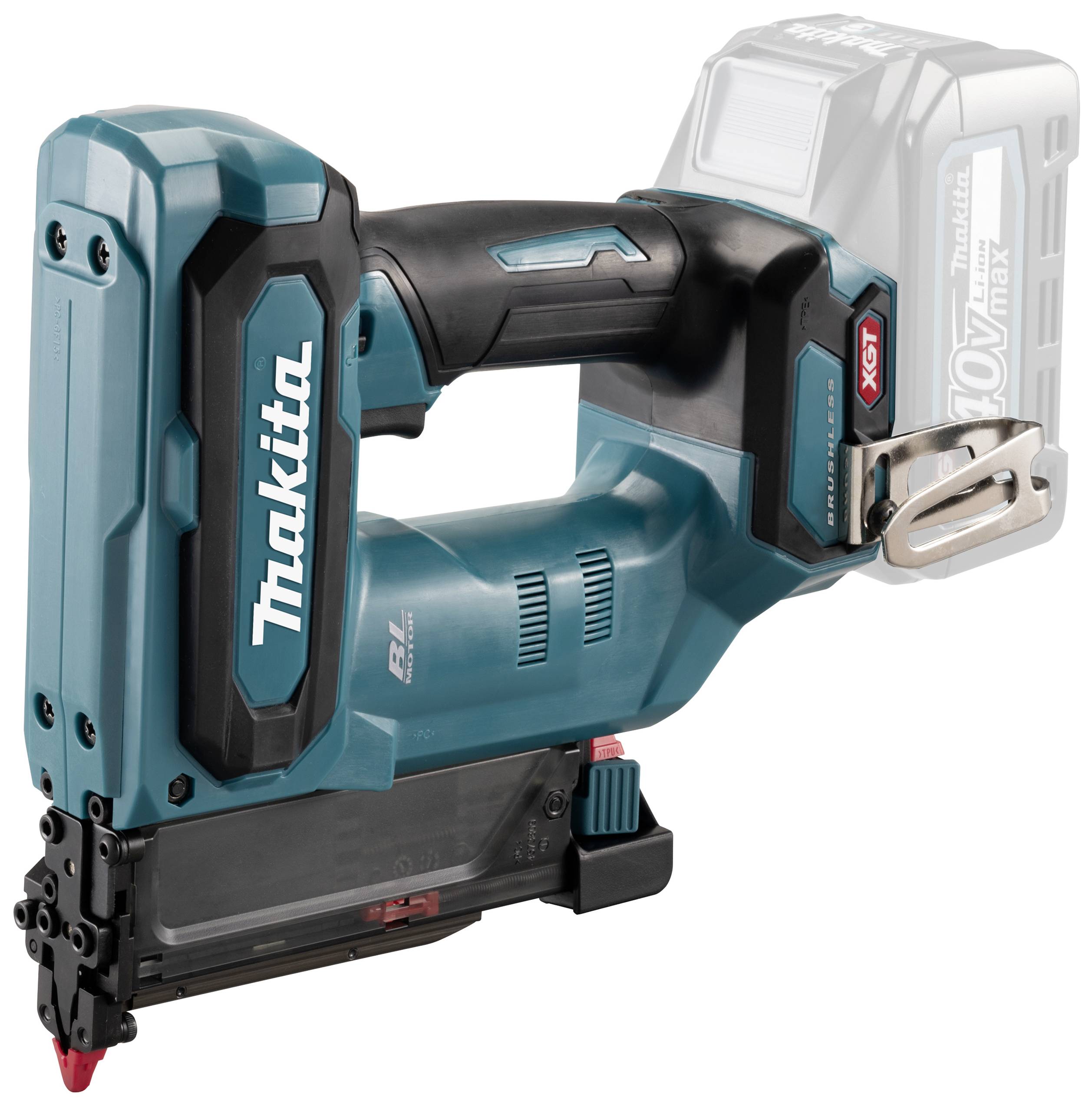 Kabelloser Nagler der Marke Makita, XGT 40V Max Modell, in blauer Farbe, mit ergonomischem Griff und Befestigungshaken.