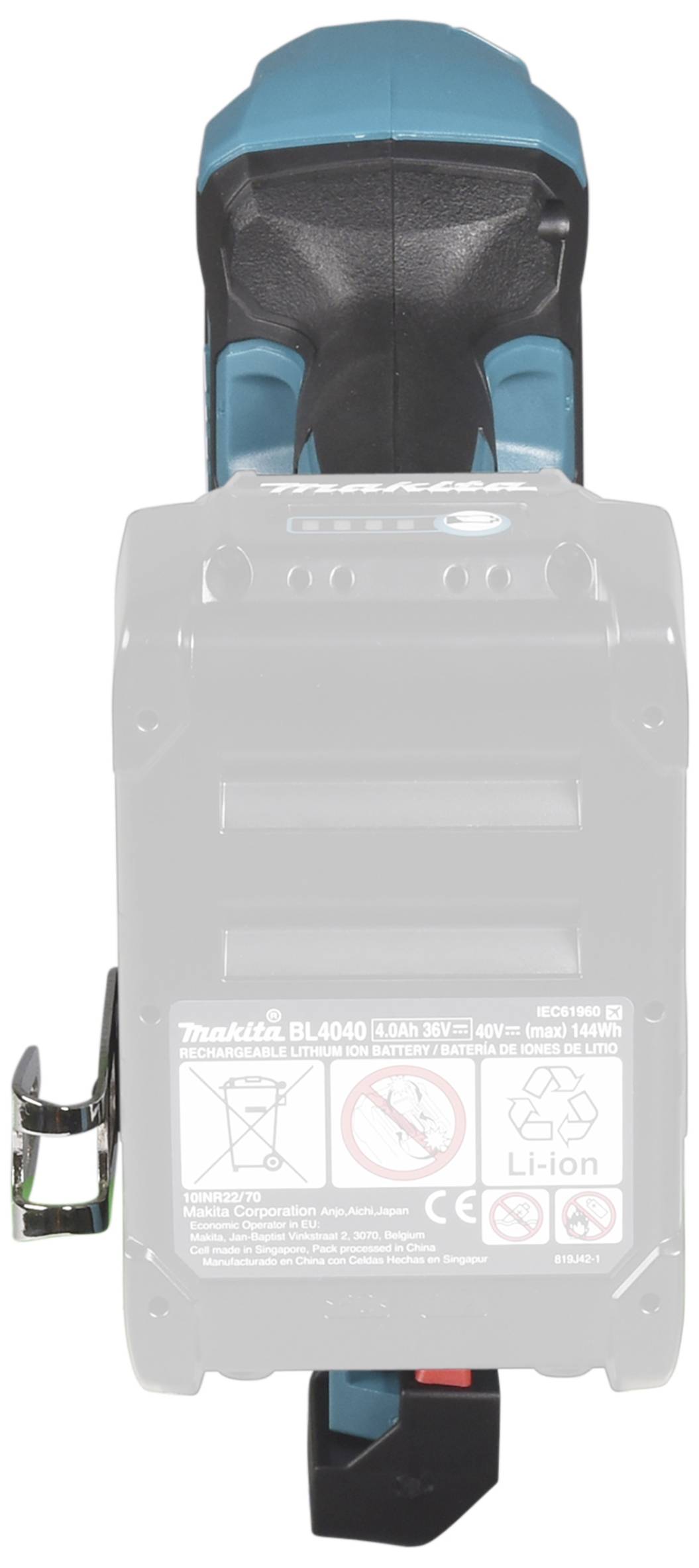 Ein Akkupack mit der Aufschrift 'Makita BL4040'. Es handelt sich um einen 40V Li-Ion-Akku. Ein Haken ist an der Seite befestigt.