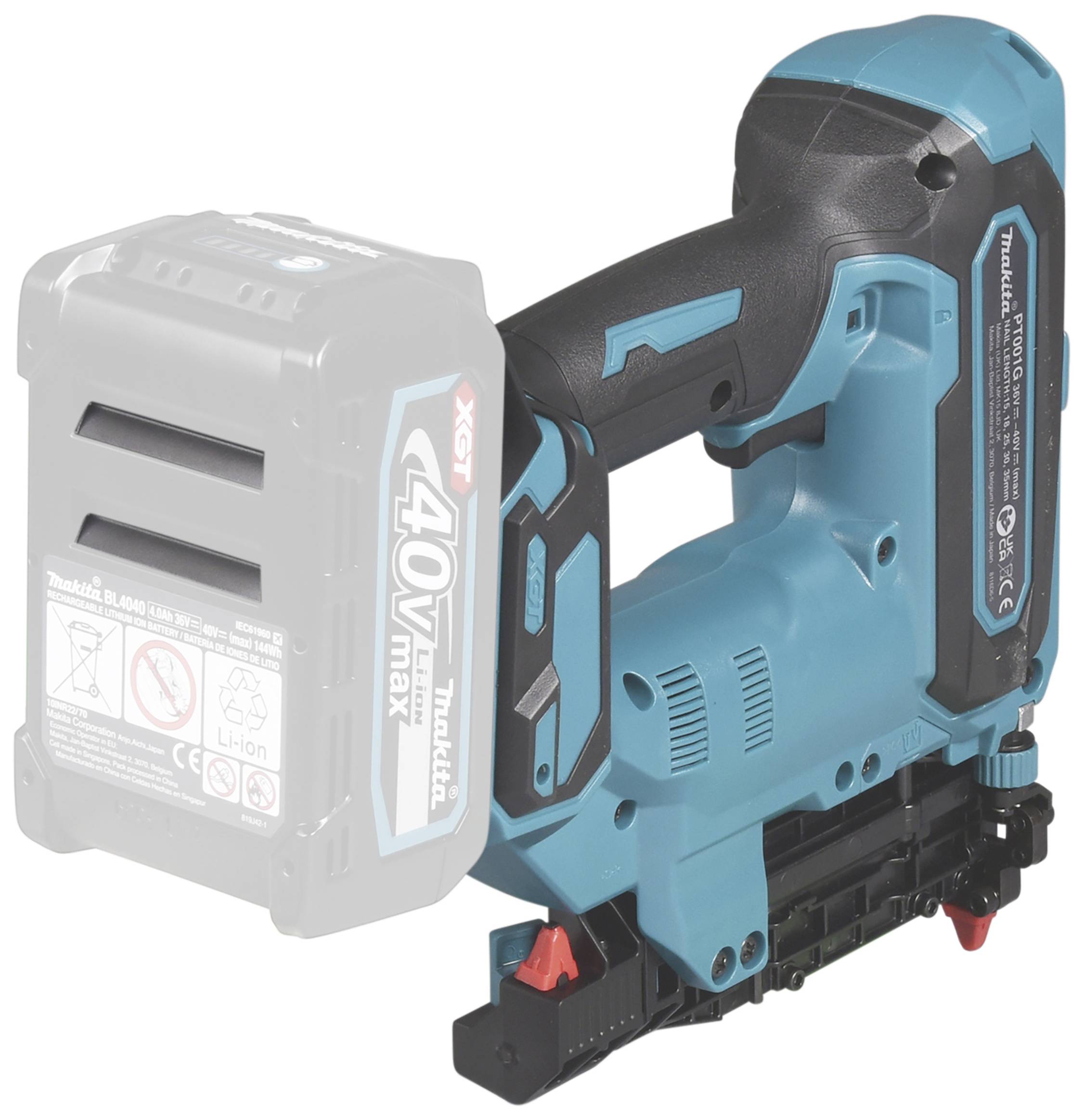 Kabelloser Nagler mit blauer Hülle, schwarzem Griff und einem 40V Akku.