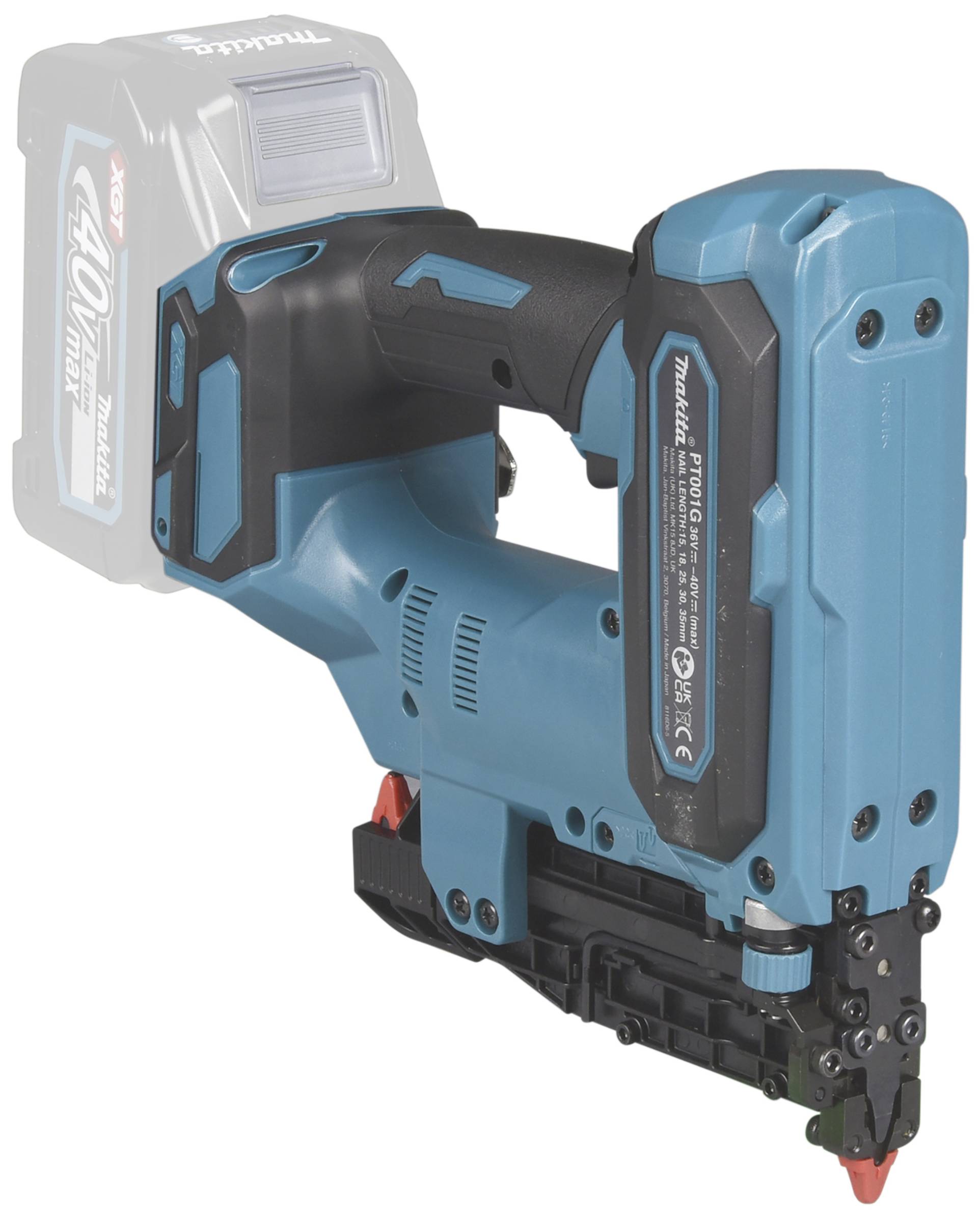 Ein kabelloser, blauer Nagler mit Akku, geeignet für Holzarbeiten. Ergonomisches Design mit schwarzem Griff für einfachen Gebrauch.